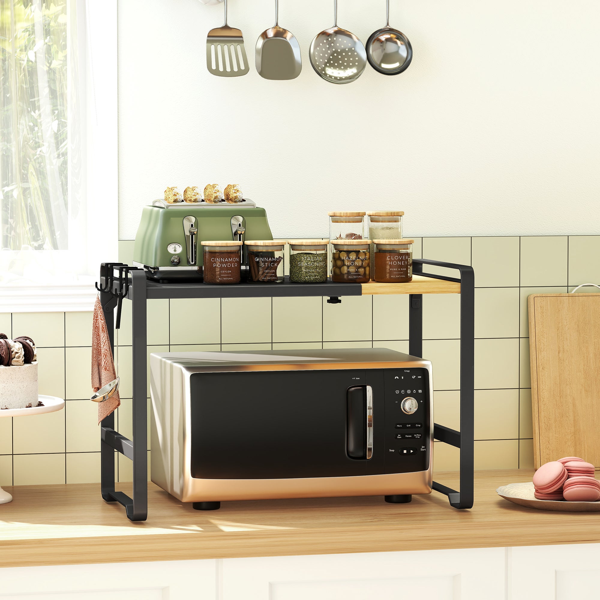 Estante Expandible para Microondas, Soporte para Microondas, Anchura Ajustable 41,5-64 cm, para Cocina, 4 Ganchos, Negro - 3