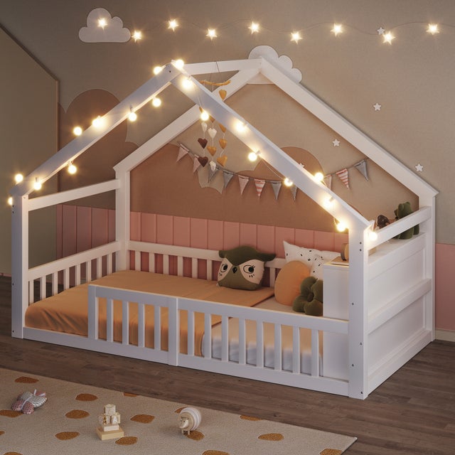 Lit cabane enfant Lit simple 90x200 cm avec barreaux de sécurité, design maison et étagère intégrée - Structure en pin - blanc