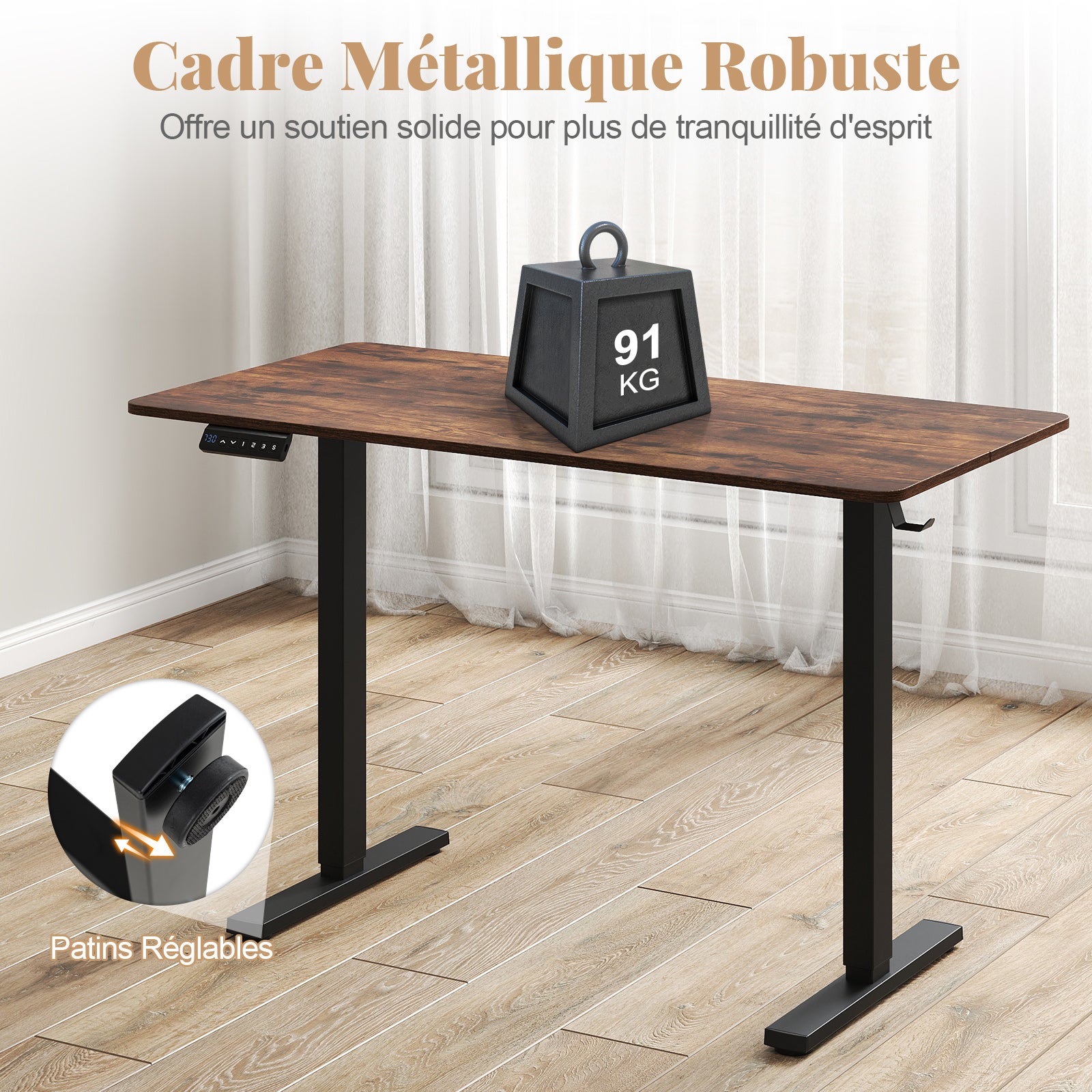 Bureau Assis Debout Électrique, 120 x 60 cm Bureau Réglable en Hauteur avec Panneau Intelligent à 3 Mémoires, Anti-Collision, Crochet, Marron - 4