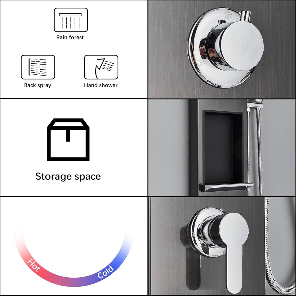 Ensemble de mitigeur thermostatique de douche, panneau de douche noir avec étagère de rangement et pomme de douche,robinet mitigeur à deux poignées - 6
