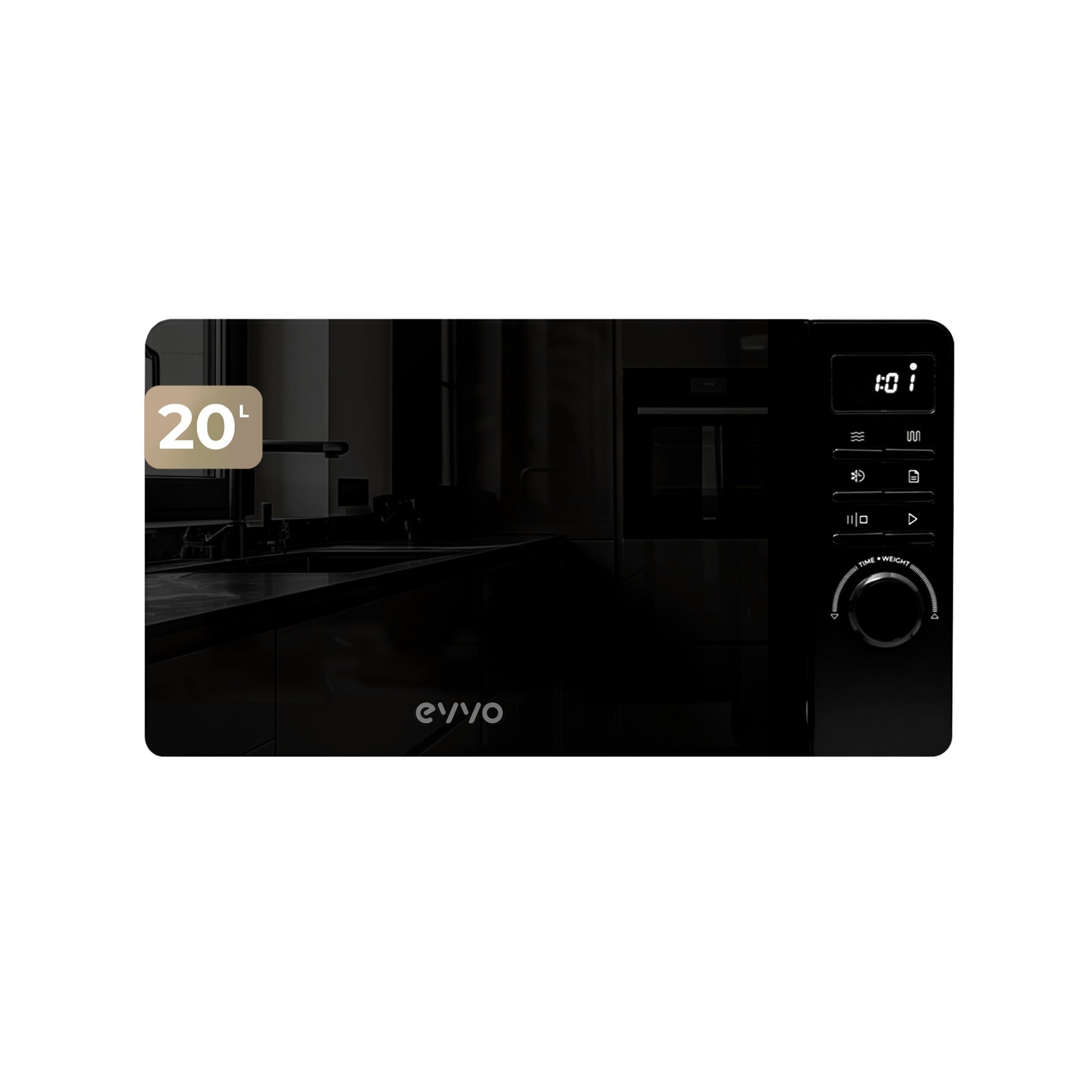 Evvo Negro Microondas M20 20L De Capacidad, Grill 800W, Puerta Efecto Espejo, Multifunción, Función Descongelar, Temporizador - Imagen 3