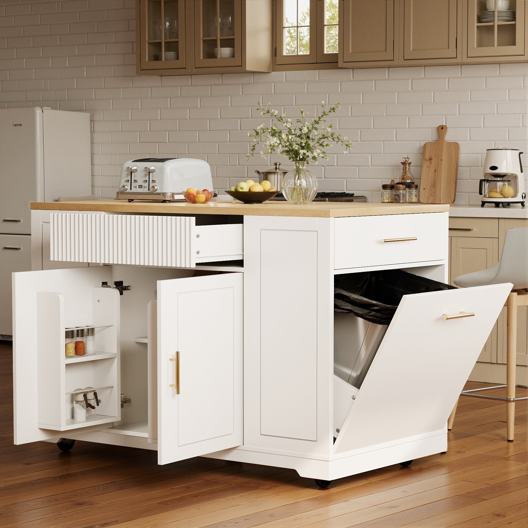 Ilot central de cuisine mobile - 3 portes et 2 tiroirs - étagères ouvertes - avec compartiment poubelle - MDF - Blanc - 2