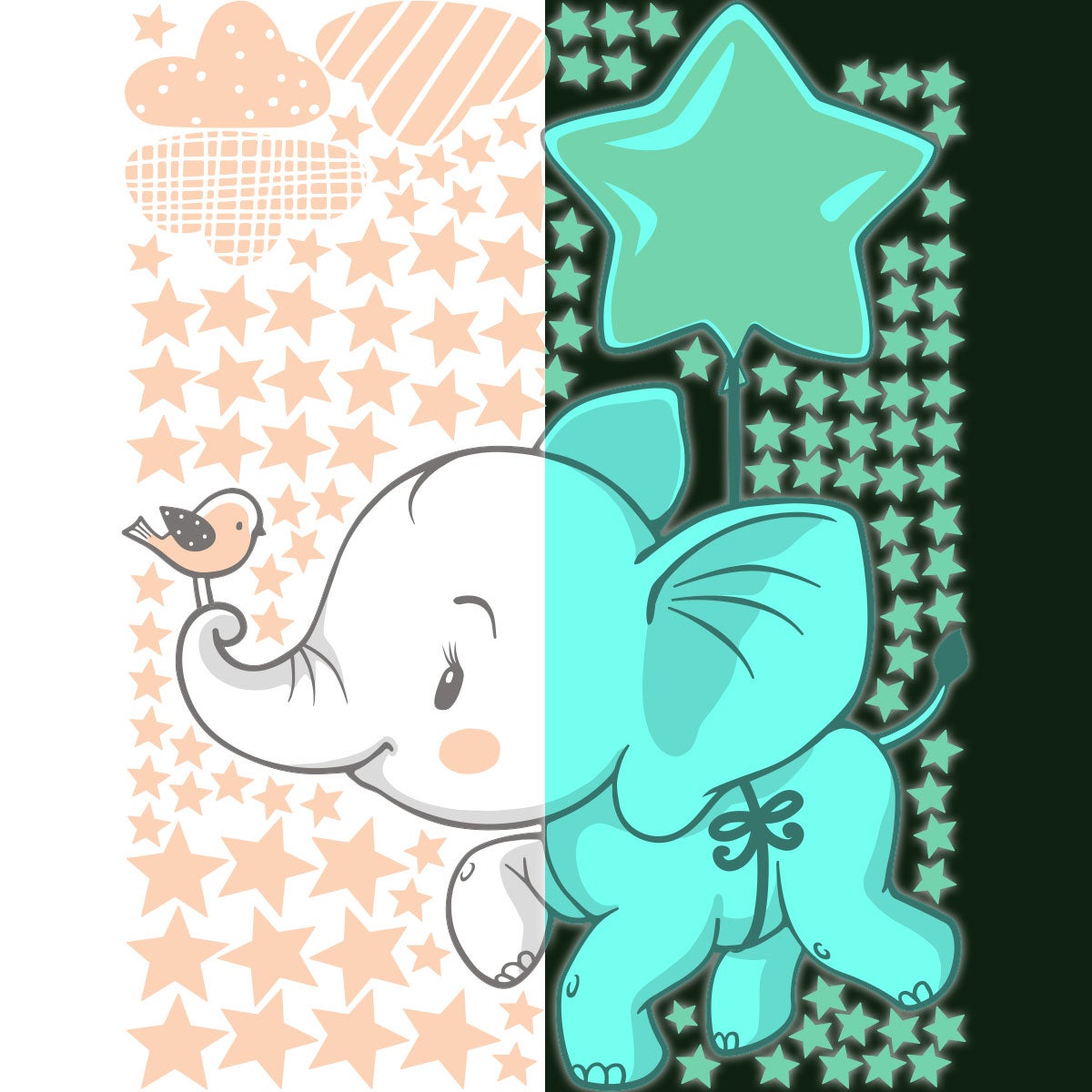 Adesivi fosforescente elefanti felici tra le nuvole + 120 stelle - Sticker adesivo - adesivi murali - 40x30cm - 4