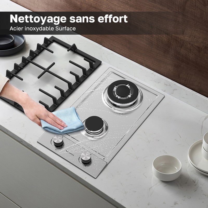 ThermoMate Plaque de Cuisson à Gaz GHSS302 2 Foyers, Encastrable, Gaz Naturel/Propane, Acier Inoxydable, 5200W - 7
