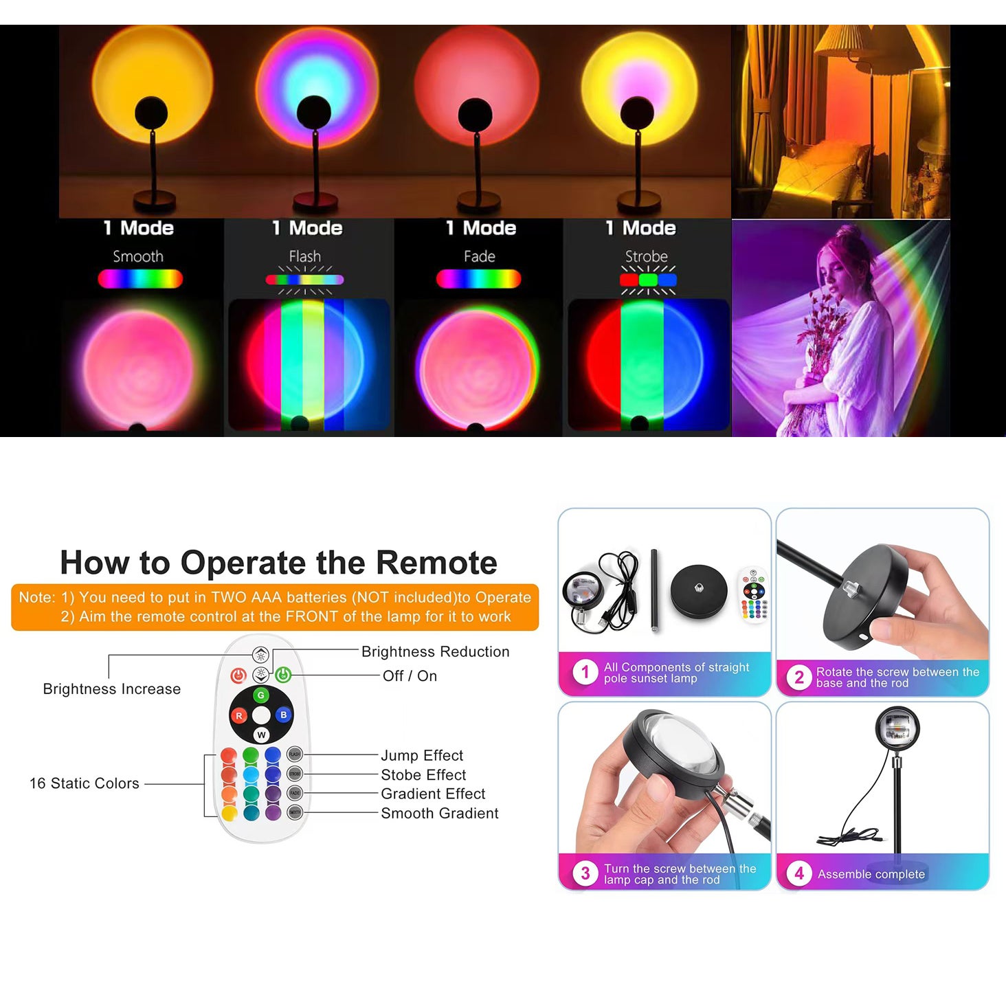 Lampe Sunset, Lampe Solaire, Lampe Circulaire, avec 2 Télécommandes, 180° Pivotante, 16 Couleurs RGB, 4 Modes d'Éclairage, Accessoires pour Photos - 2