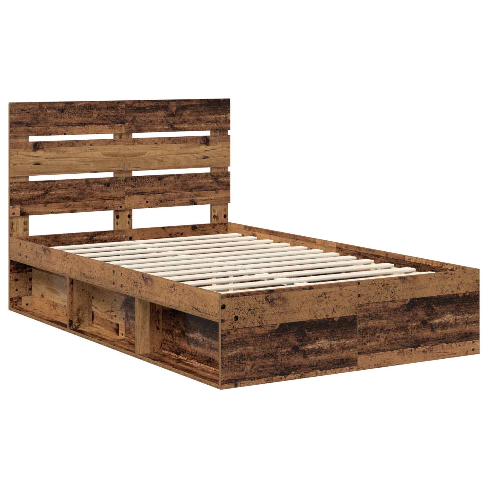 Cadre de lit, finition bois ancien, en bois de pin massif, pour la chambre, 135 × 190 cm - 4