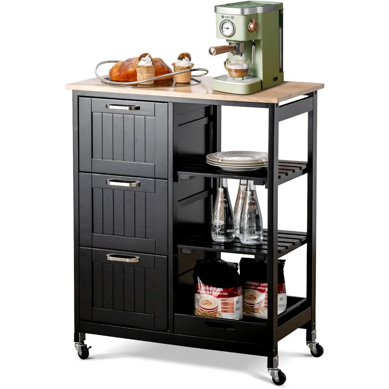 Wózek Kuchenny na Kółkach, Drewniany Wózek Kuchenny z 3 Szufladami, 3 Półkami, Wyjmowanym Blatem, 67 x 37 x 83,5 cm, Czarny