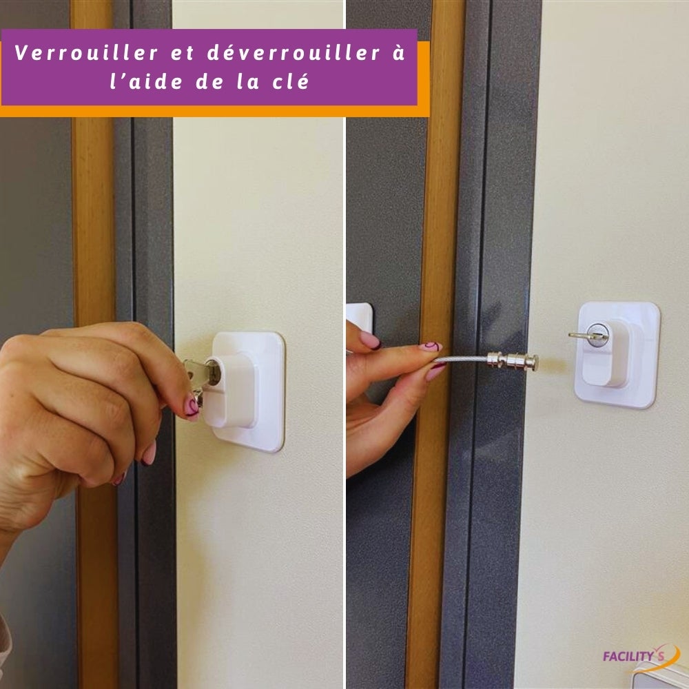 Verrou de sécurité pour enfant - Lot de 2 serrures autocollantes blanches avec clé - Protection portes et tiroirs - 4