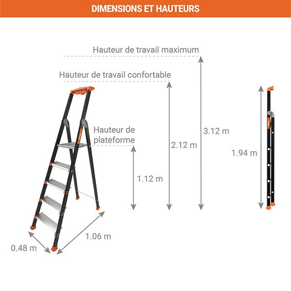 Escabeau pro 5 marches - Hauteur max. de travail 3.12m - 2375815 - 2