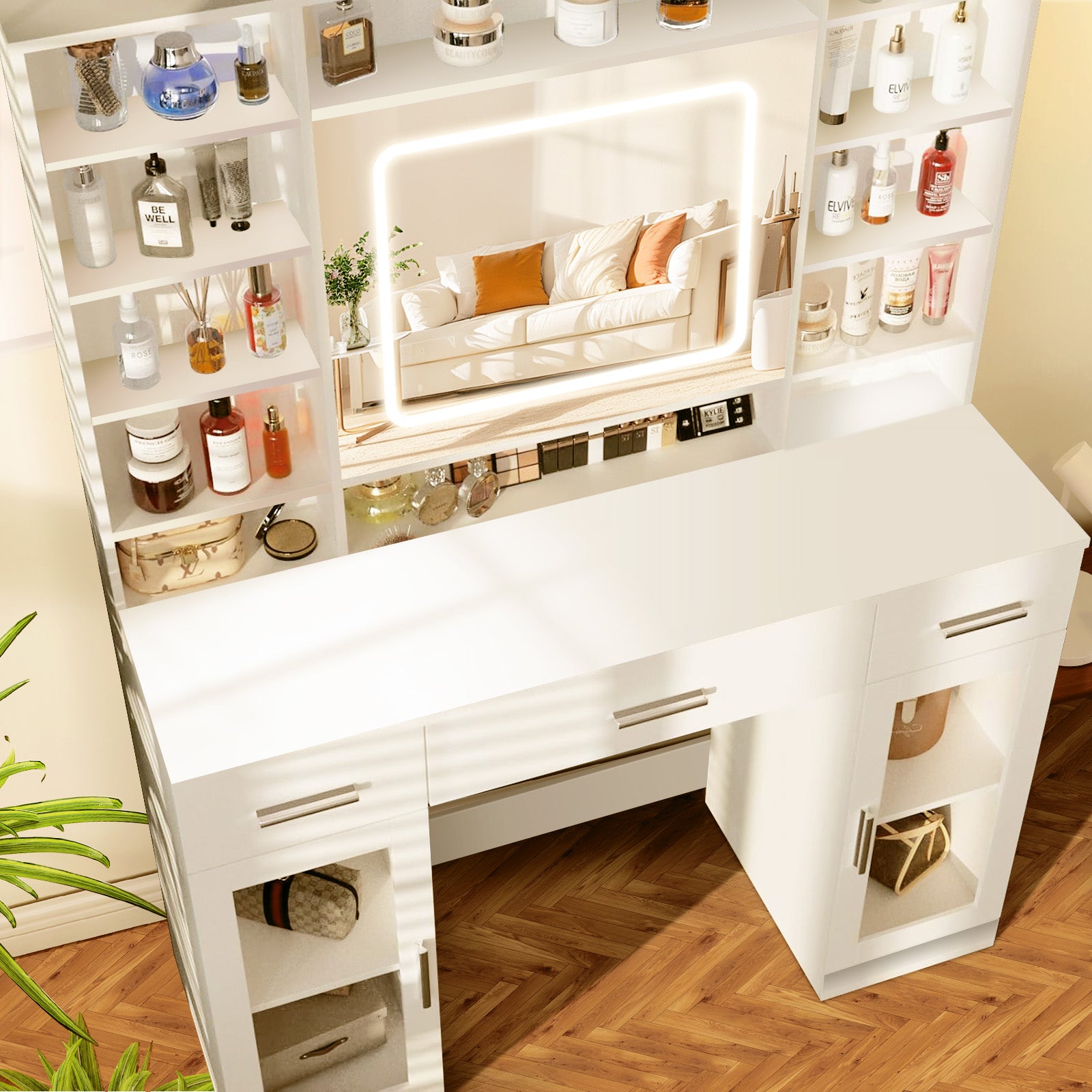 Coiffeuse avec miroir LED en MDF Blanc H. 140 x l. 110 x P. 39.9 cm - 3