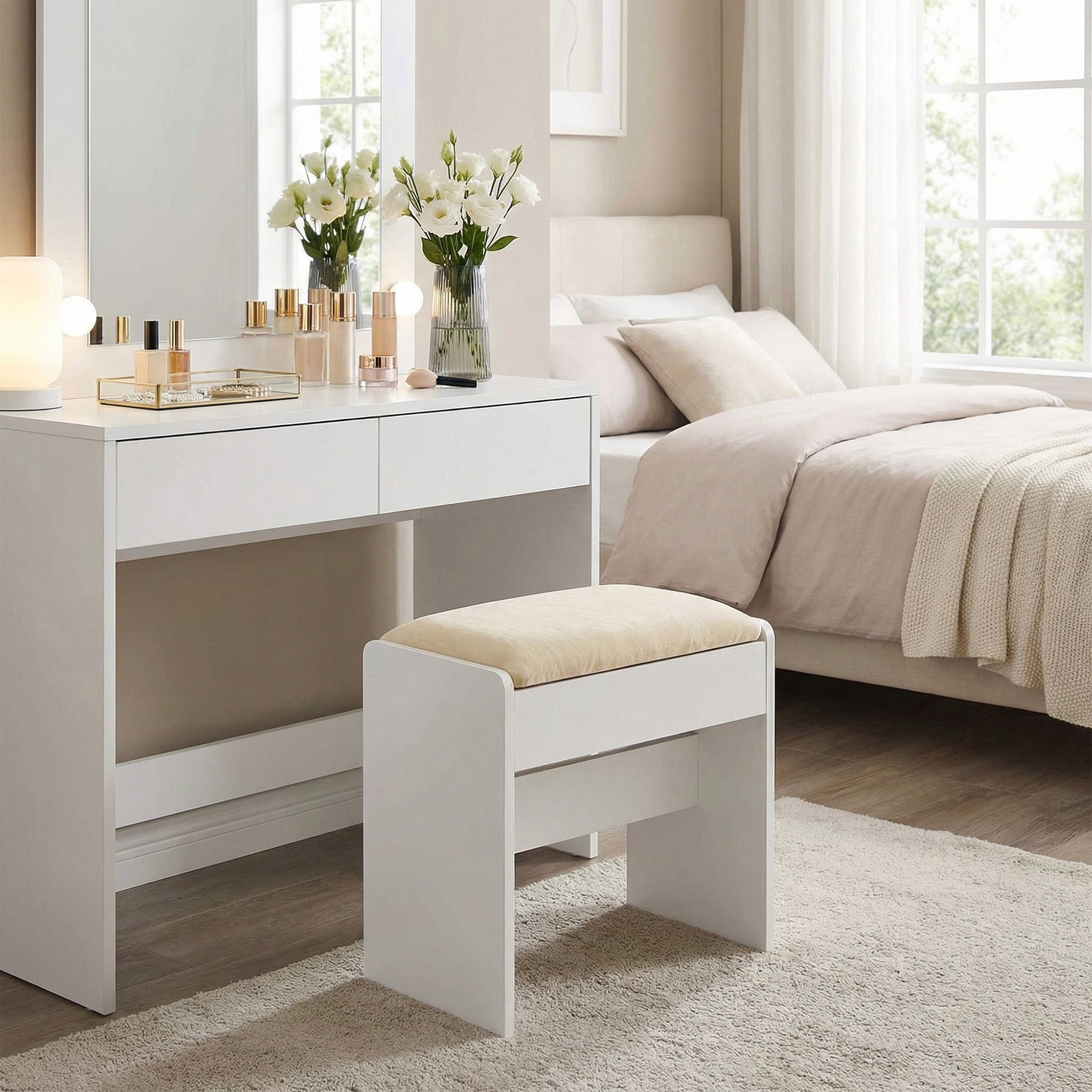 Tabouret de Maquillage en Velours, Rembourré, Style Moderne, pour Chambre, Entrée, Repose-pieds, Blanc et Crème - 3