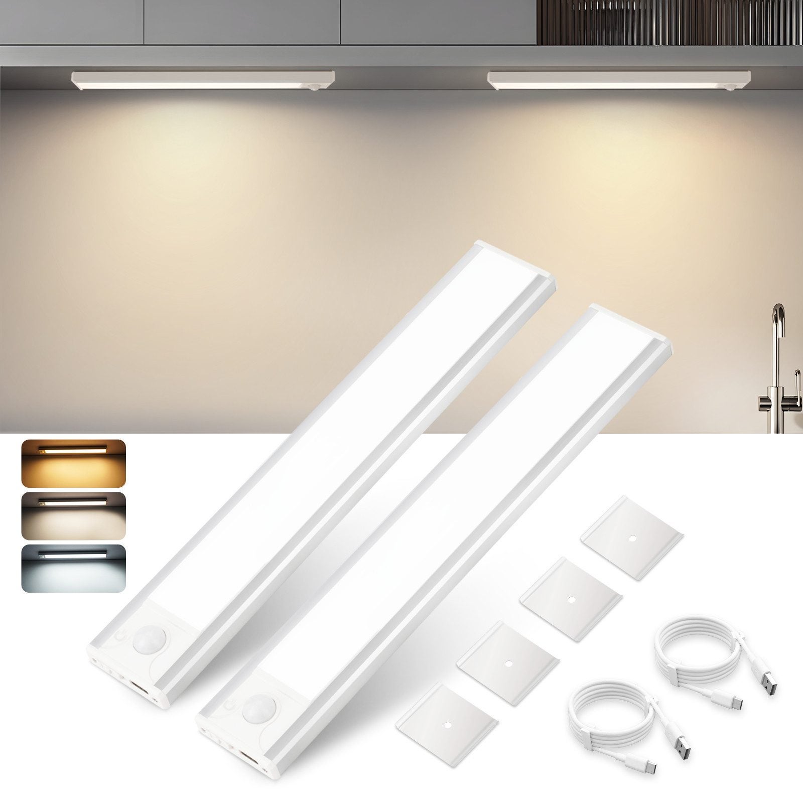NETTLIFE 2 x lampa podszafkowa LED z czujnikiem ruchu, ładowana przez USB, 1500 mAh, idealna do szafy, korytarza lub szafki