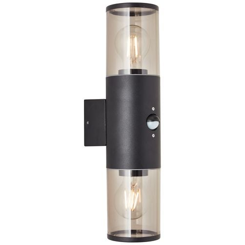 BRILLIANT Sergioro zewnętrzna lampa ścienna z czujnikiem ruchu 2 płomienie czarny matowy | 2x A60, E27, 20W, nadaje się do zwykłych lamp (brak w zesta