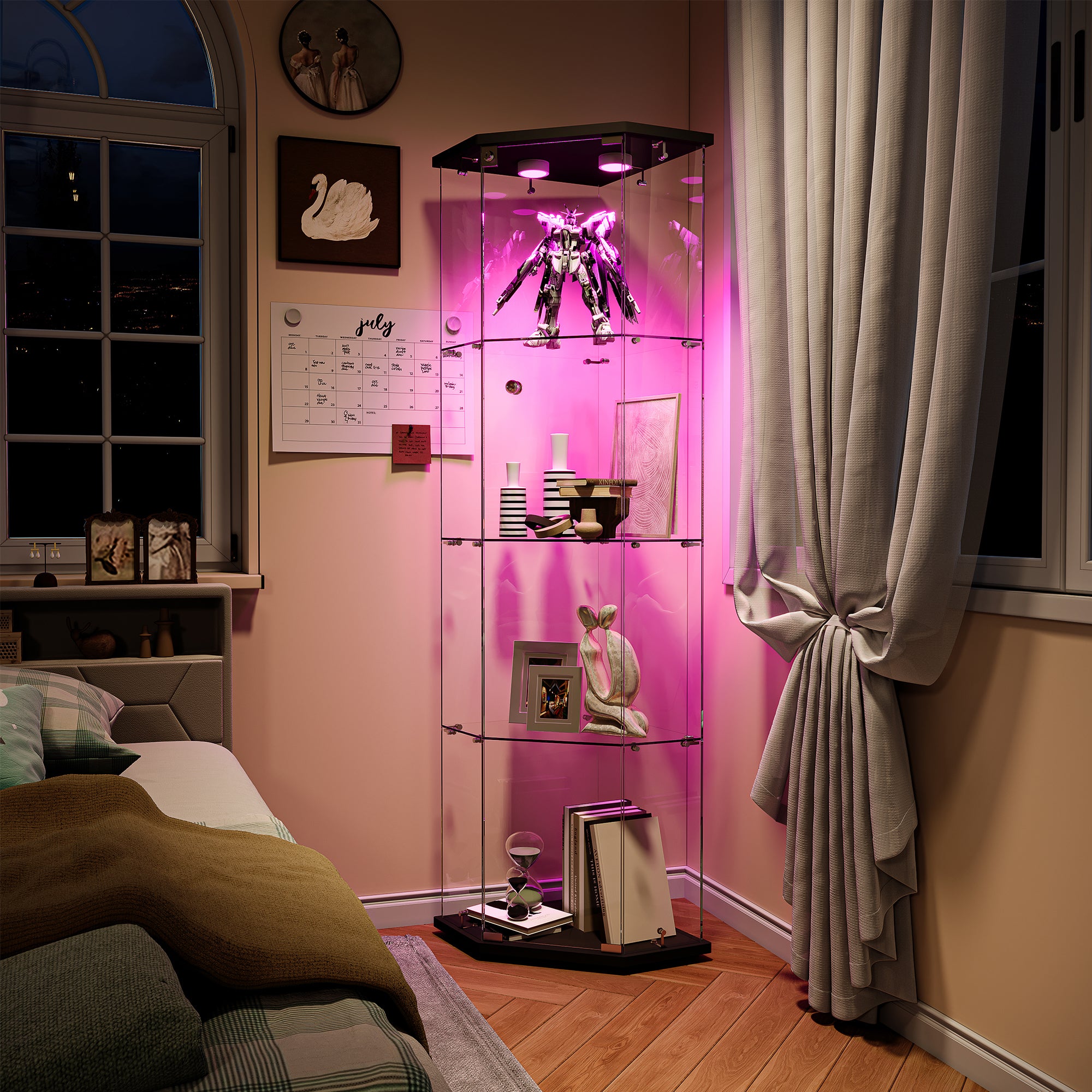LED Vitrine, Vitrine en Verre, Vitrine pour collection Transparent en verre 4 Couches avec 1 Porte, pour salon et chambre à coucher,cinq angles,noir - 2
