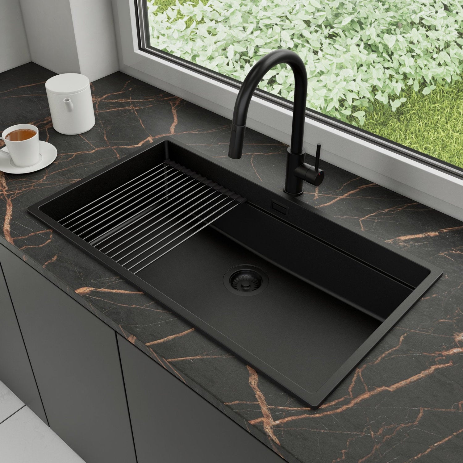Zlewozmywak Granitowy 86x47cm, do szafki od 90cm + Bateria + Syfon + Zwijany ociekacz - Coral Cały Czarny STONESTYLE
