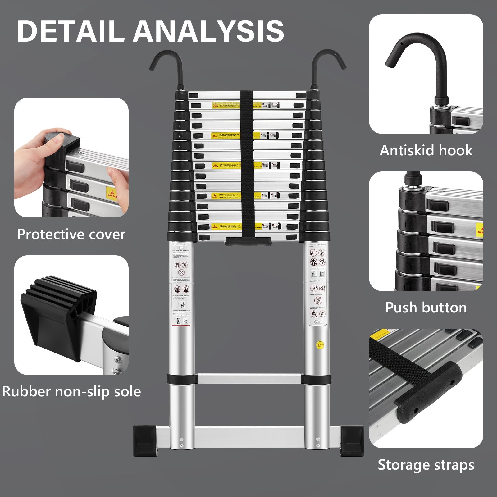 STANEW Échelle télescopique pliante en aluminium de 6,2 mètres avec crochet, capacité de charge maximale de 150 kg, stable - 4