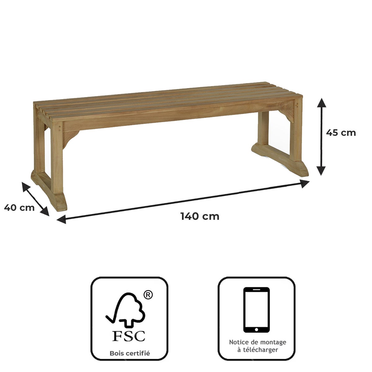 Banc en teck massif Wimbledon 140 cm (sans dossier) - 9