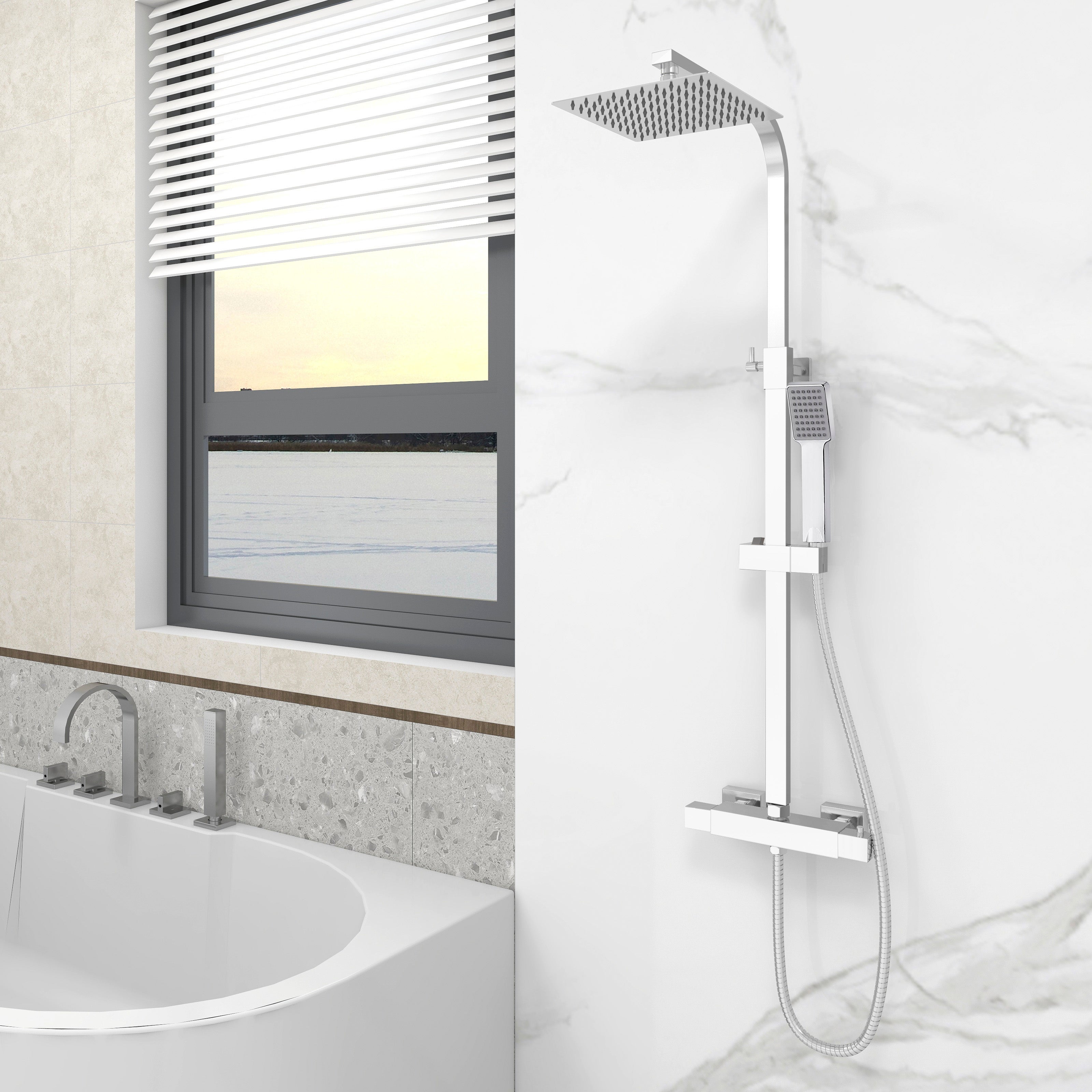 Set Doccia OCEAN ITALY Con Soffione Quadrato E Termostatico - Acciaio Inox Cromato, Altezza Regolabile 80-120 Cm - Foto 14