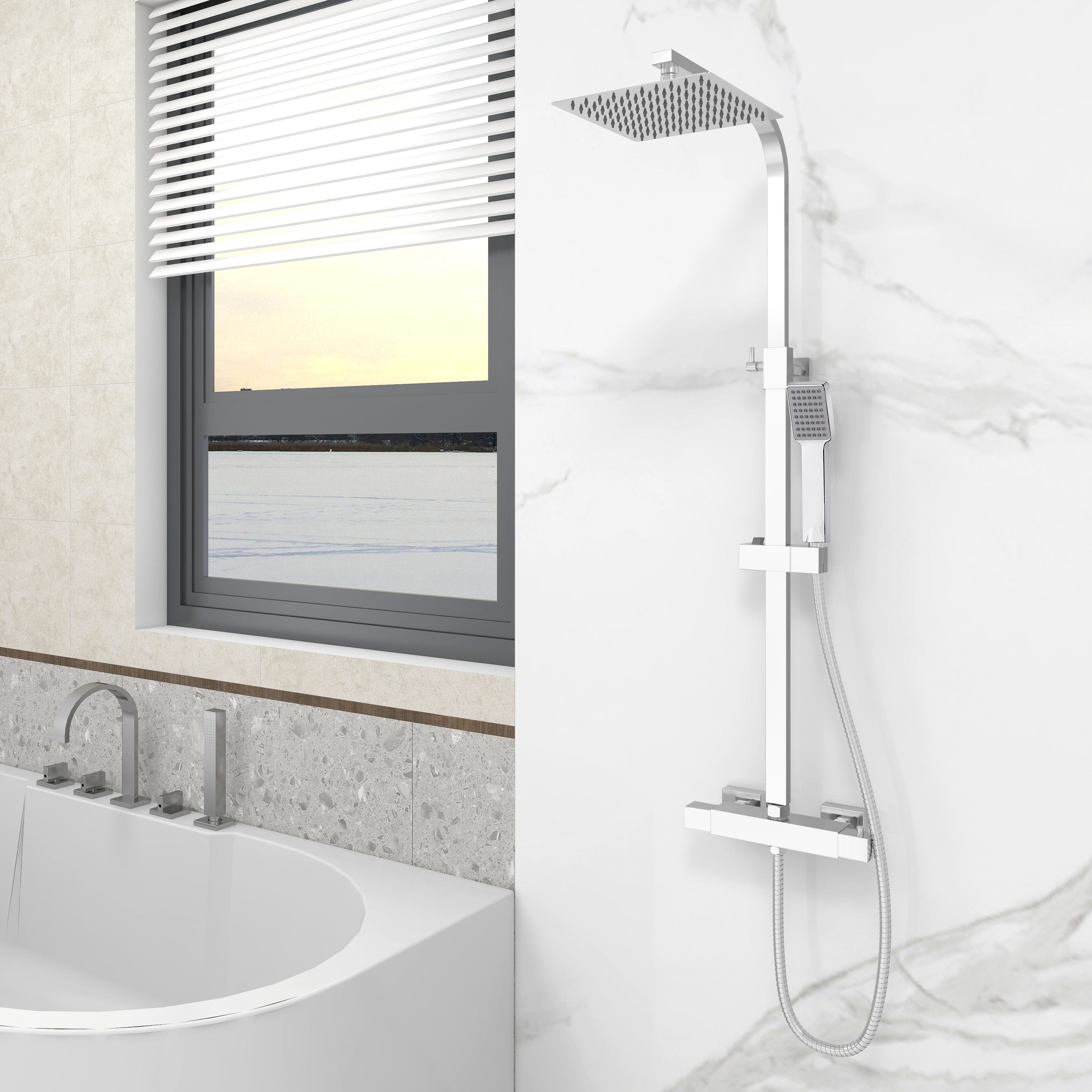 Set Doccia OCEAN ITALY Con Soffione Quadrato E Termostatico - Acciaio Inox Cromato, Altezza Regolabile 80-120 Cm - Foto 14