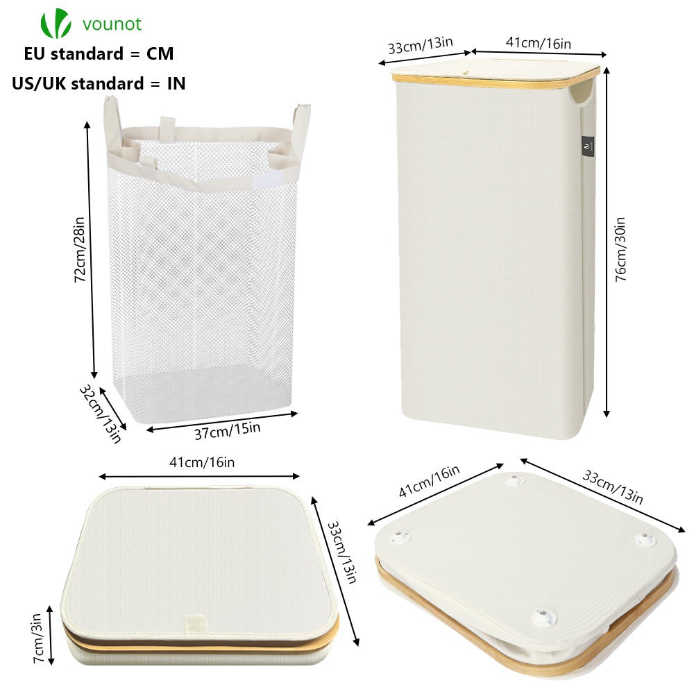 Panier à linge pliable avec roulettes 100L - avec sac amovible et couvercle - cadre en bambou - beige - VOUNOT® - 5