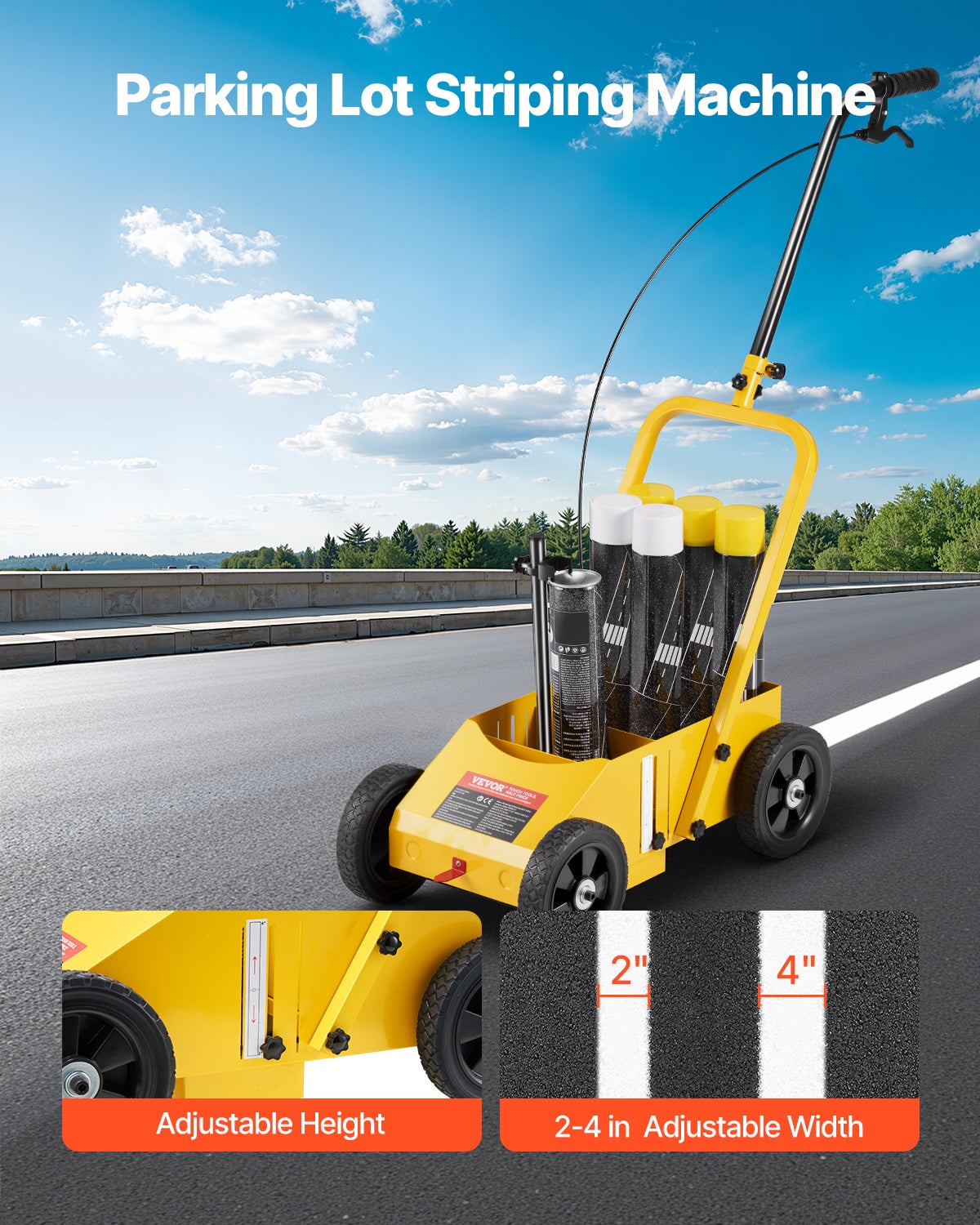 Traceuse de lignes VEVOR, métal, 61×33×90 cm, 4 roues, largeur 5,6–10,2 cm, jaune, pour routes/parkings/terrains de sport - 2
