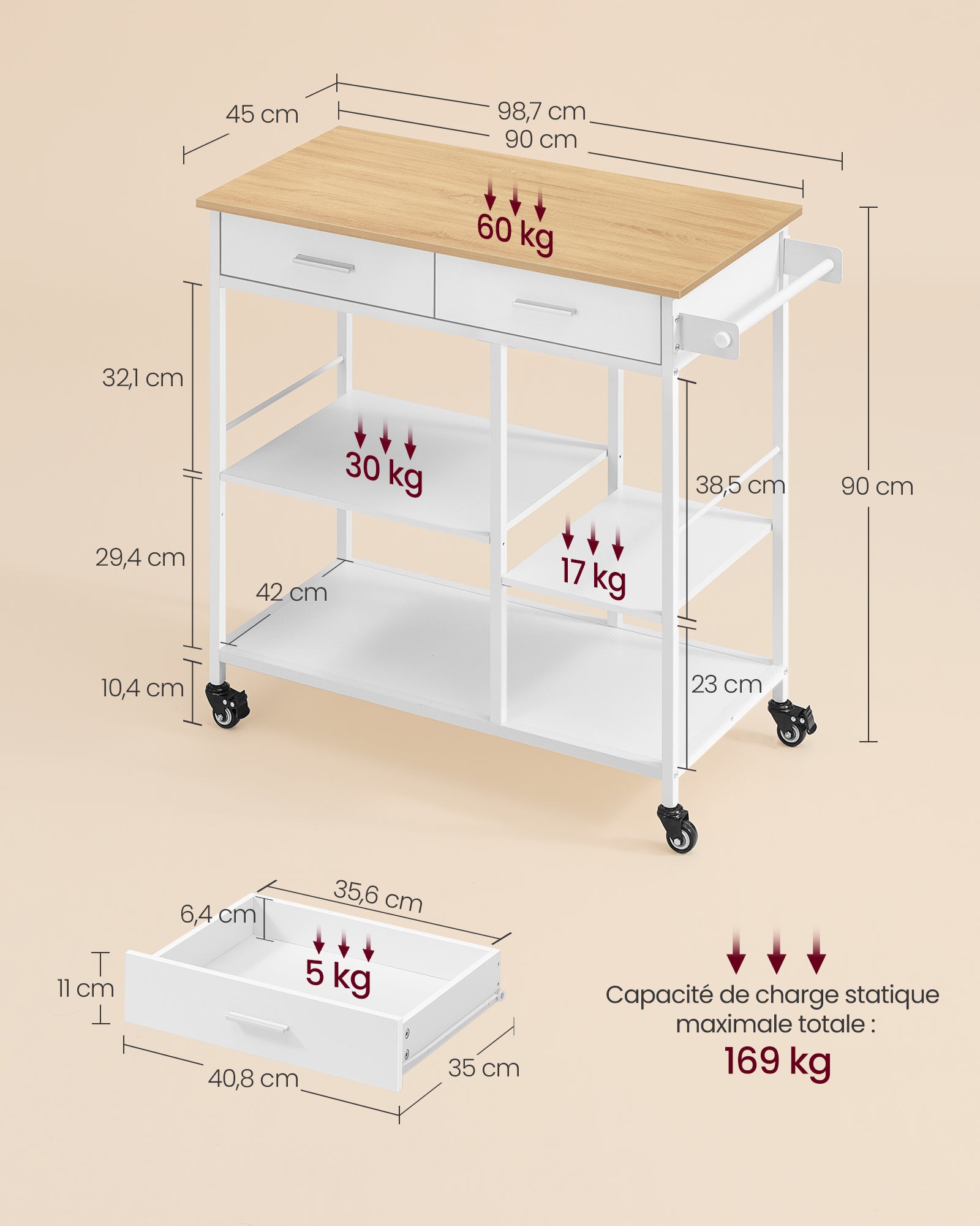 Desserte de Cuisine à Roulettes, Îlot de Cuisine Mobile, 45 x 98,7 x 90 cm, avec Porte-serviettes, 2 Tiroirs, 2 Crochets,Beige Chêne et Blanc Mat - 5