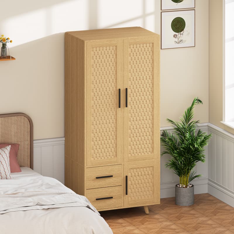 Móvel de arrumação madeira carvalho, portas rattan, 2 gavetas, 1 compartimento, estilo escandinavo, pés madeira, para quarto e sala. - 2