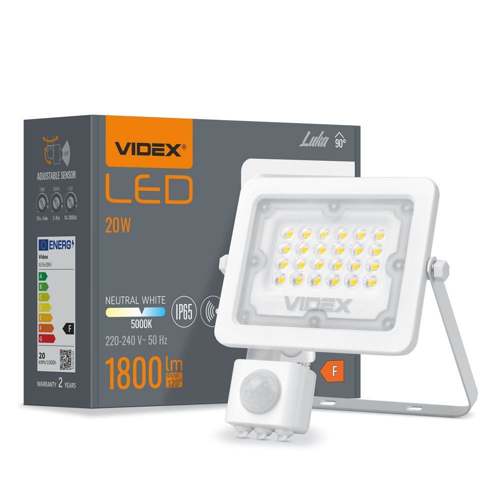 Naświetlacz LED z czujnikiem ruchu biały LED 20W 5000K 1800lm IP65 wym: 15,9 x 14 x 5,4 cm aluminium Videx