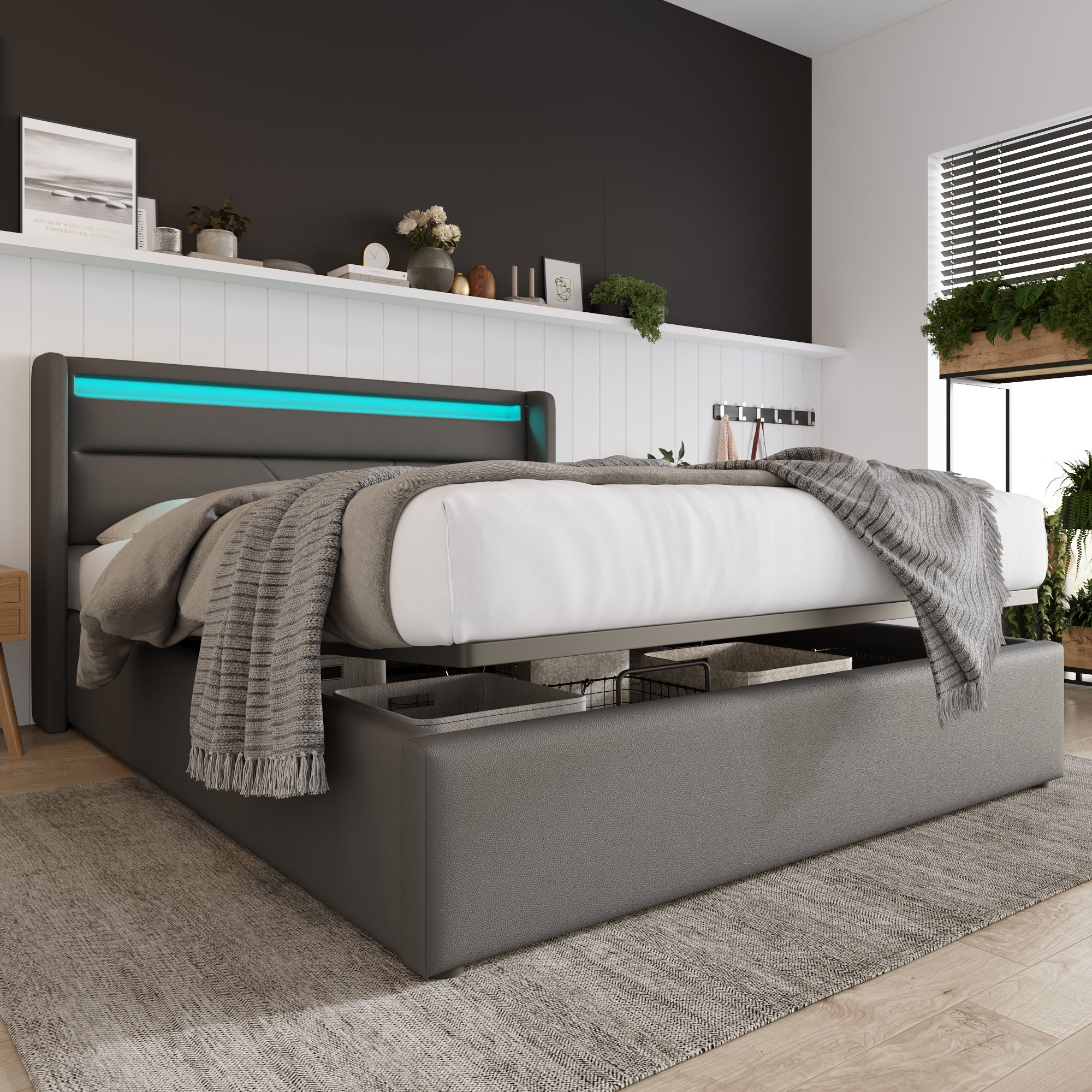 Letto Singolo Imbottito Con Contenitore Idraulico - 180x200 Cm, Grigio, Tessuto Lino, Struttura MDF E Metallo