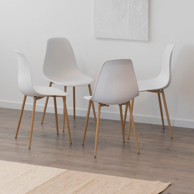 Juego de 4 Sillas de Comedor HEMANS Blancas con Respaldo Alto y Patas Metálicas Efecto Madera, Pies Antideslizantes - MOG CASA