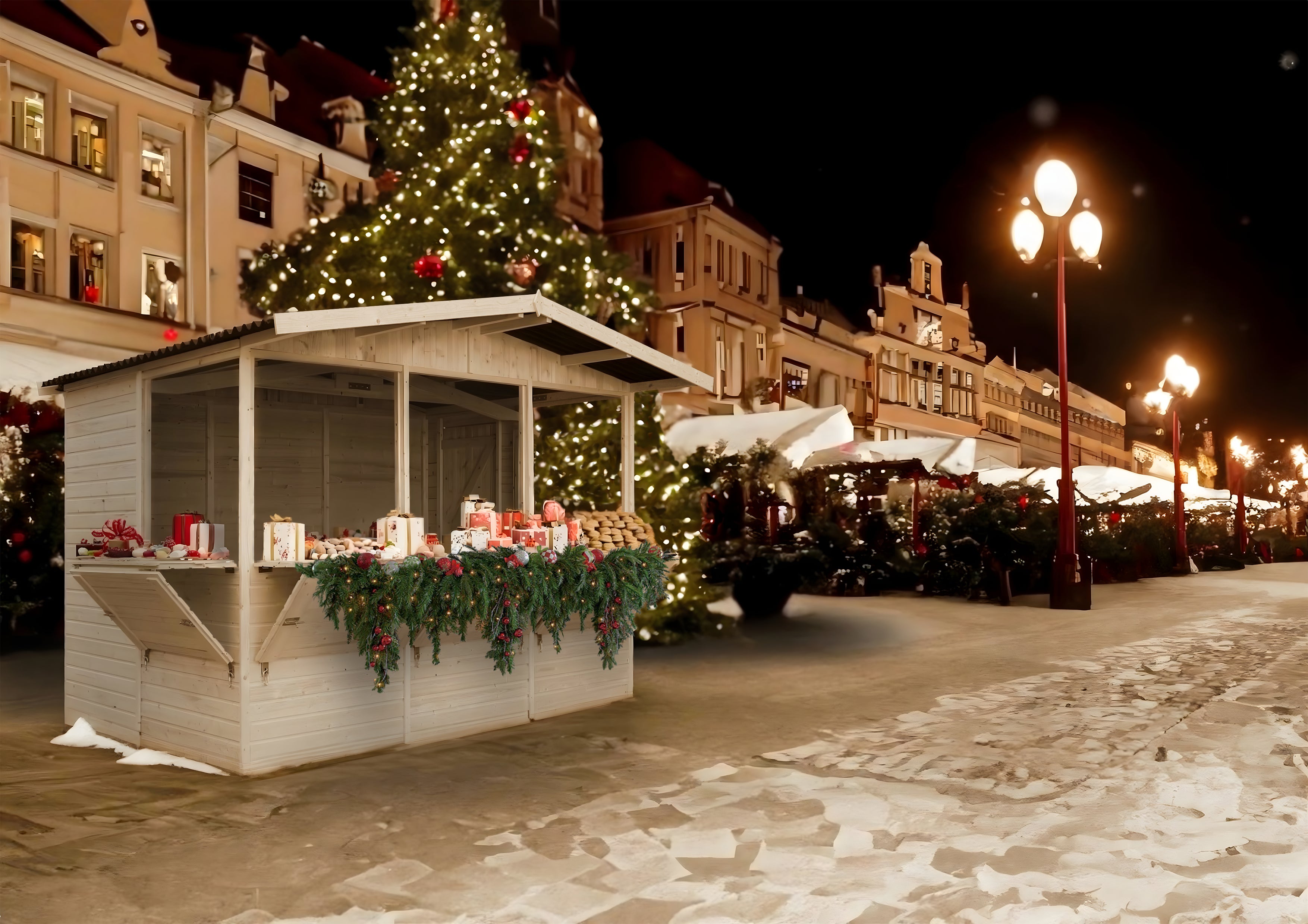 Casita de jardín de madera, Puesto de mercado de madera, Puesto de venta grande con mostrador, CINCO VENTANAS, H232x336x263 cm/6m2 - TIMBELA M150B - 5