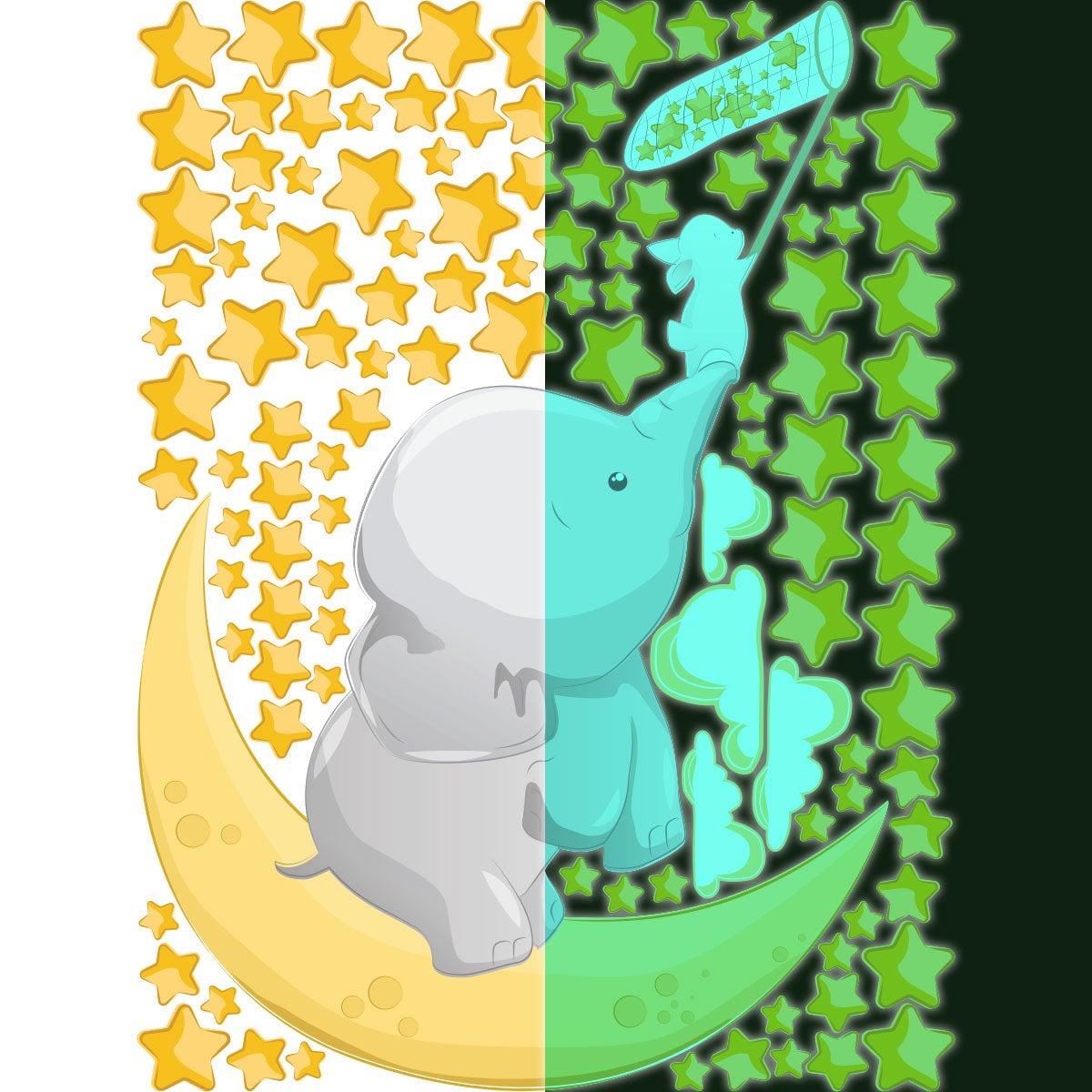 Adesivi fosforescente elefante e coniglio catturano le stelle + 110 stelle - Sticker adesivo - adesivi murali - 145x110cm - 4