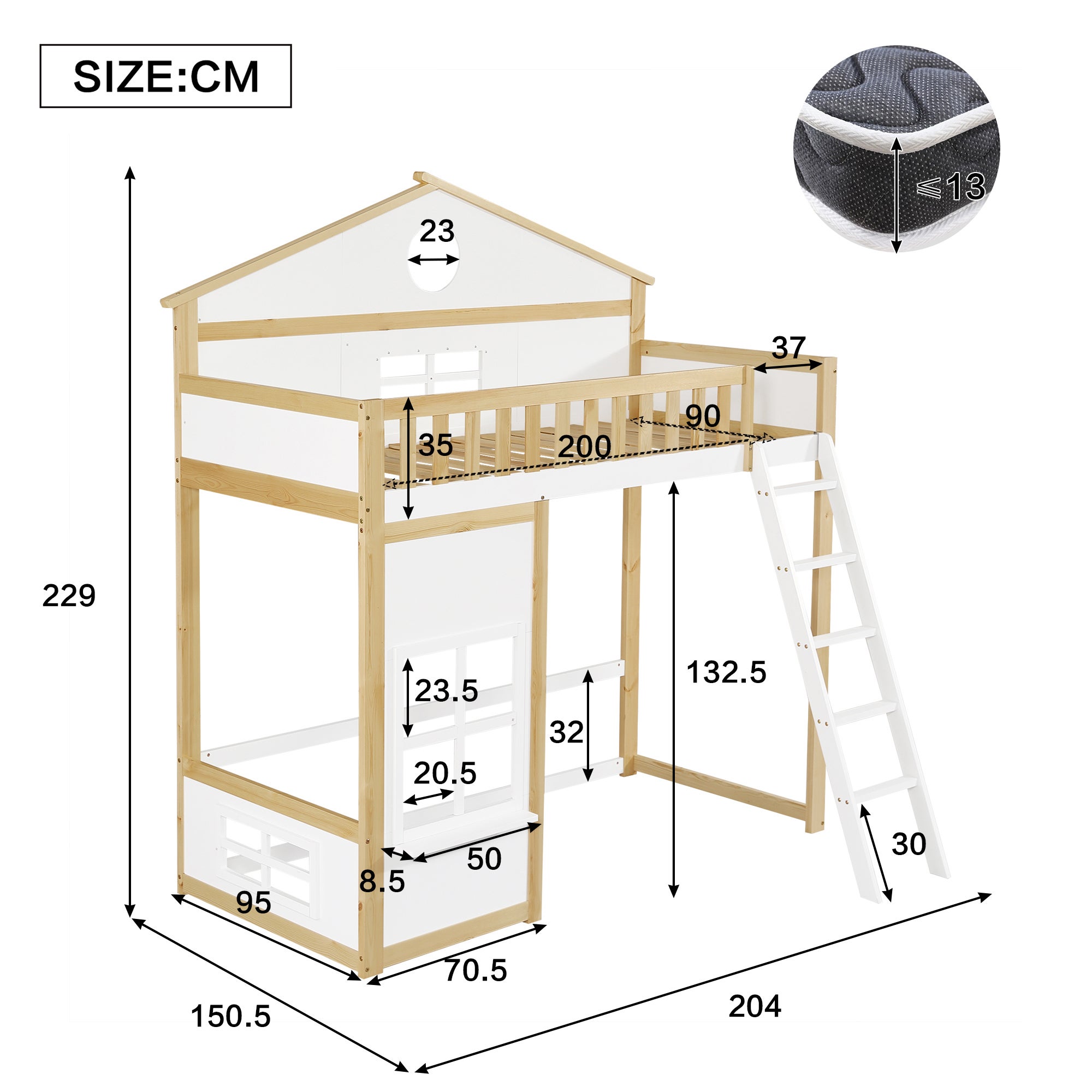 Lit mezzanine 90x200cm avec échelle, lit superposé bois avec 3 fenêtres et barrière de sécurité, cadre de pin, sommier à lattes, blanc (sans matelas) - 3