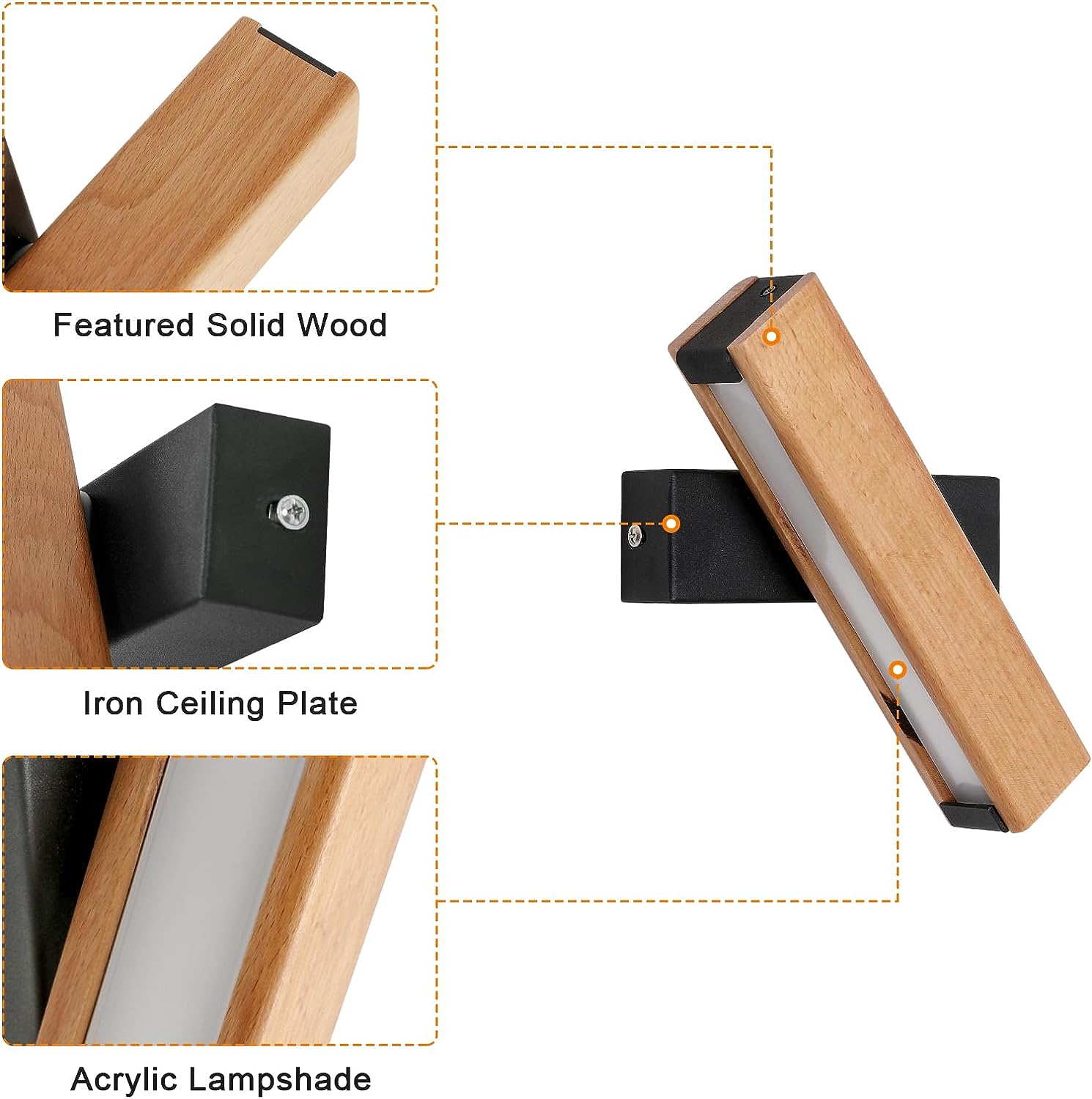 GOECO Applique Murale LED Bois Rotative Moderne Rectangle Lampe murale Blanc Froid 6000K 4.5W Pour chambre à coucher, salon, couloir, entrée - 6