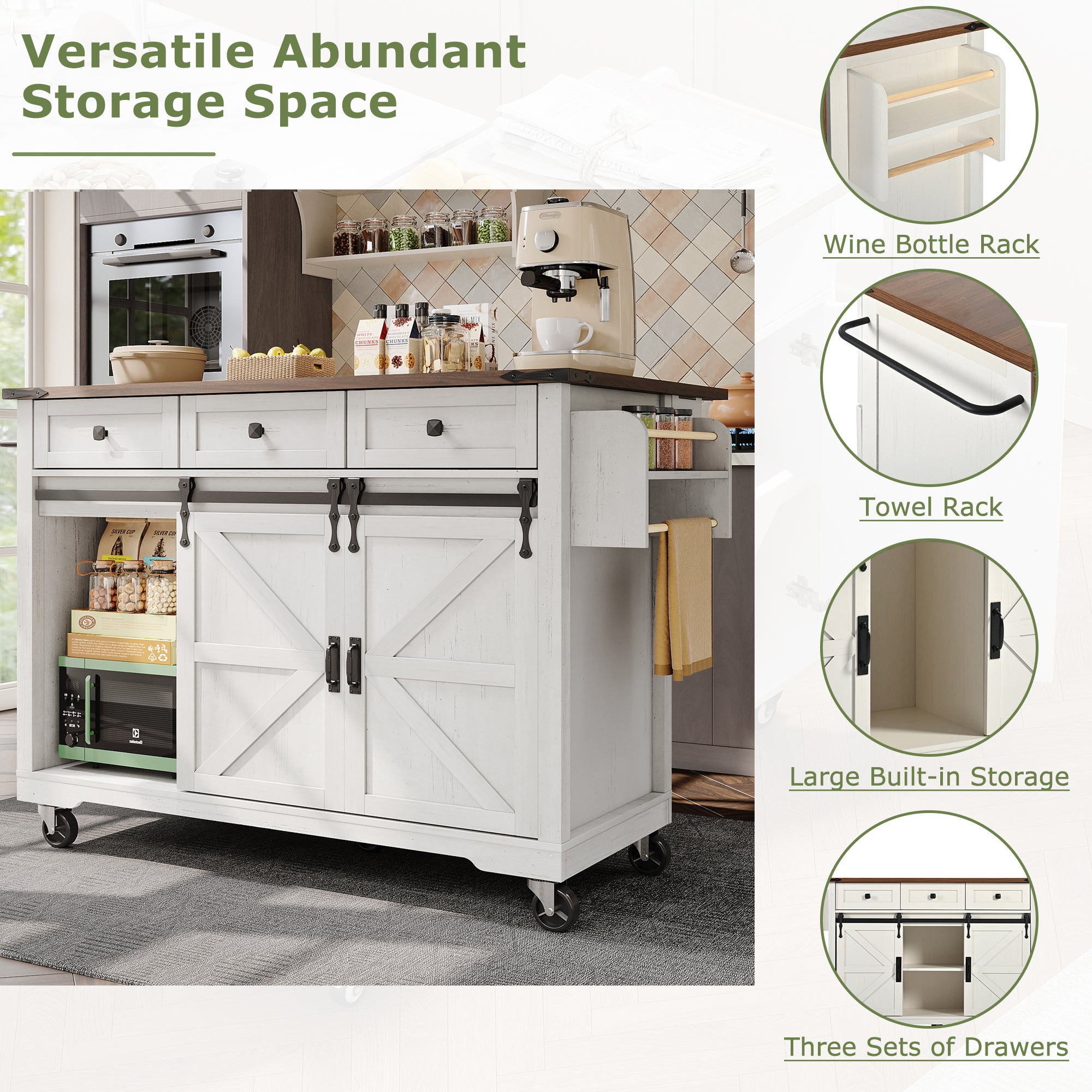 Ilot central de cuisine mobile avec 2 portes coulissantes et 3 tiroirs - plateau extensible - 140 x 45/73 x 92.5 cm - Bois MDF + métal - Blanc - 5
