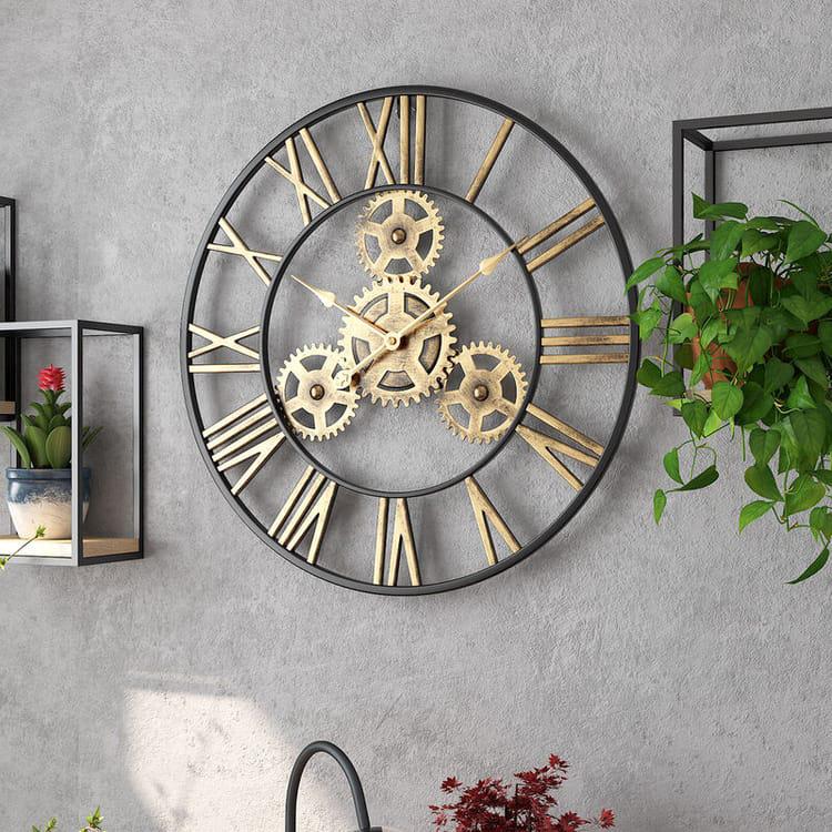 Horloge murale rétro industrielle noire Steampunk de 50 cm avec chiffres romains pour salon, bar, bureau - 4