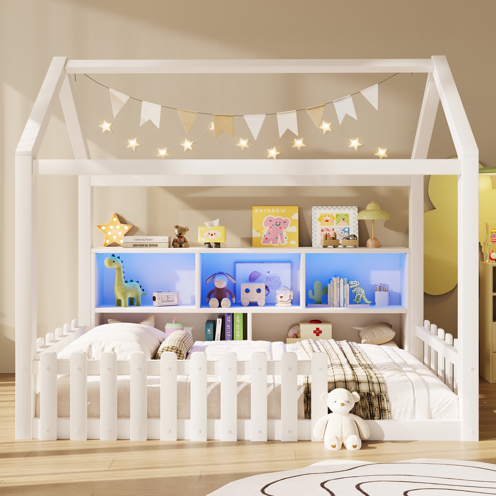 Lit cabane enfant 90x190 cm avec bande LED, Lit enfant avec barreaux, rangements ouverts, Lit plat en pin, style minimaliste, blanc,&nbsp;Sans matelas - 2
