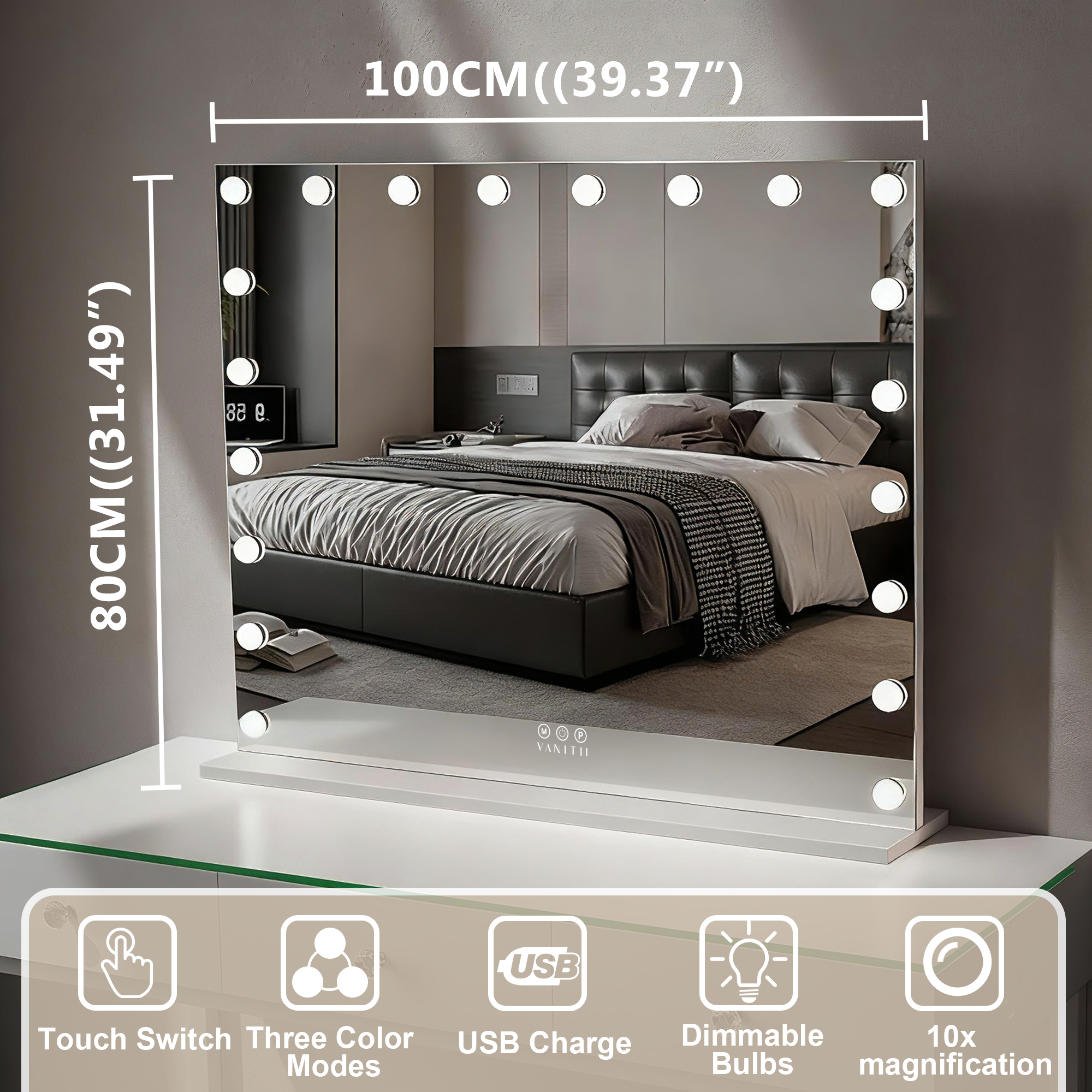 Specchio da trucco Hollywood illuminazione LED da parete - 100 x 80 cm - 7