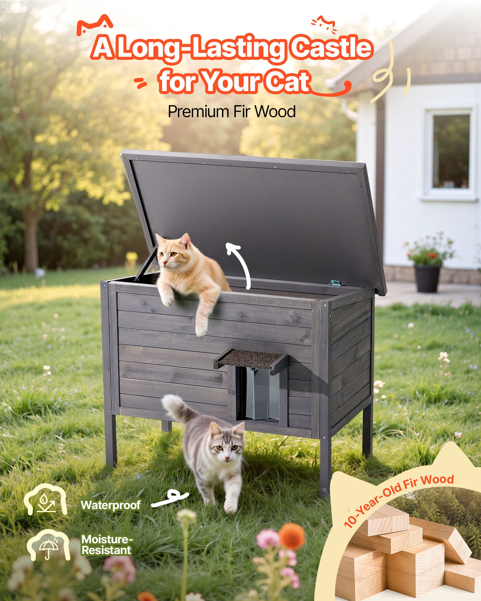Casa para gatos aquecida VEVOR, madeira+PVC, 87×53,5×69 cm, almofada térmica, teto asfáltico abrível, 1–3 gatos exterior, inverno - 5