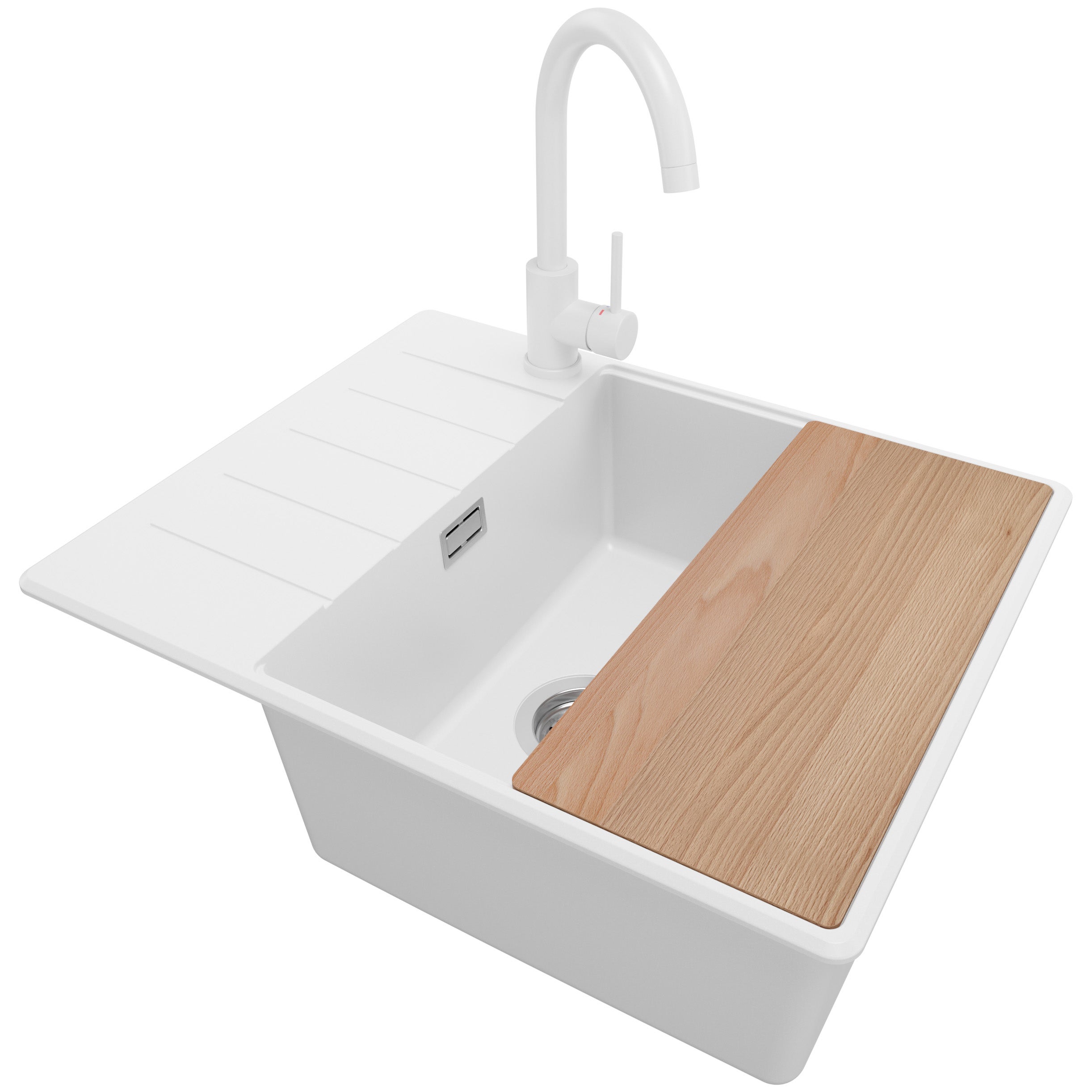 Zlewozmywak Granitowy Biały 62x50cm, Zlew Kuchenny 1 Komorowy + Bateria 32x20cm + Syfon + Deska, Nablatowy do szafki od 50cm - Kopenhaga PRIMAGRAN