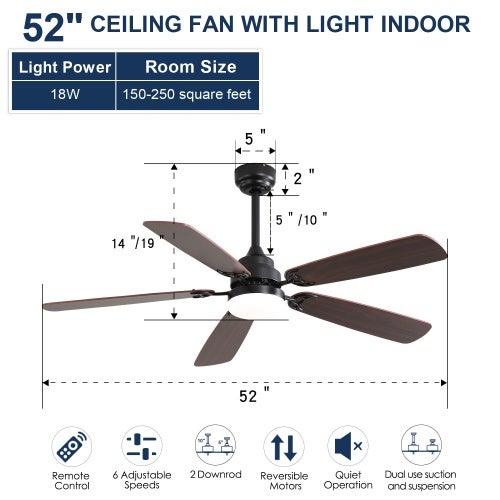 Ventilateur de plafond 132 cm avec LED dimmable, moteur DC silencieux, 6 vitesses, télécommande et pales réversibles noir mat - 4