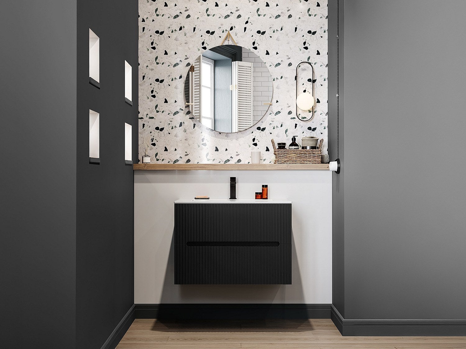 Podwieszana szafka łazienkowa w prążki z umywalką nablatową i kranem - Czarny - 80 cm - PAVANI