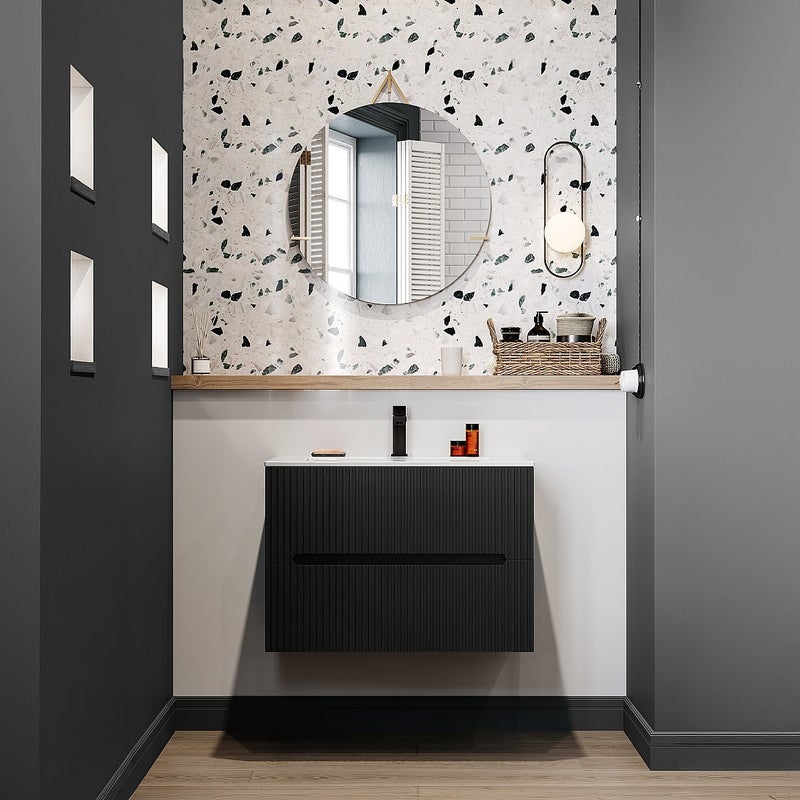 Podwieszana szafka łazienkowa w prążki z umywalką nablatową i kranem - Czarny - 80 cm - PAVANI