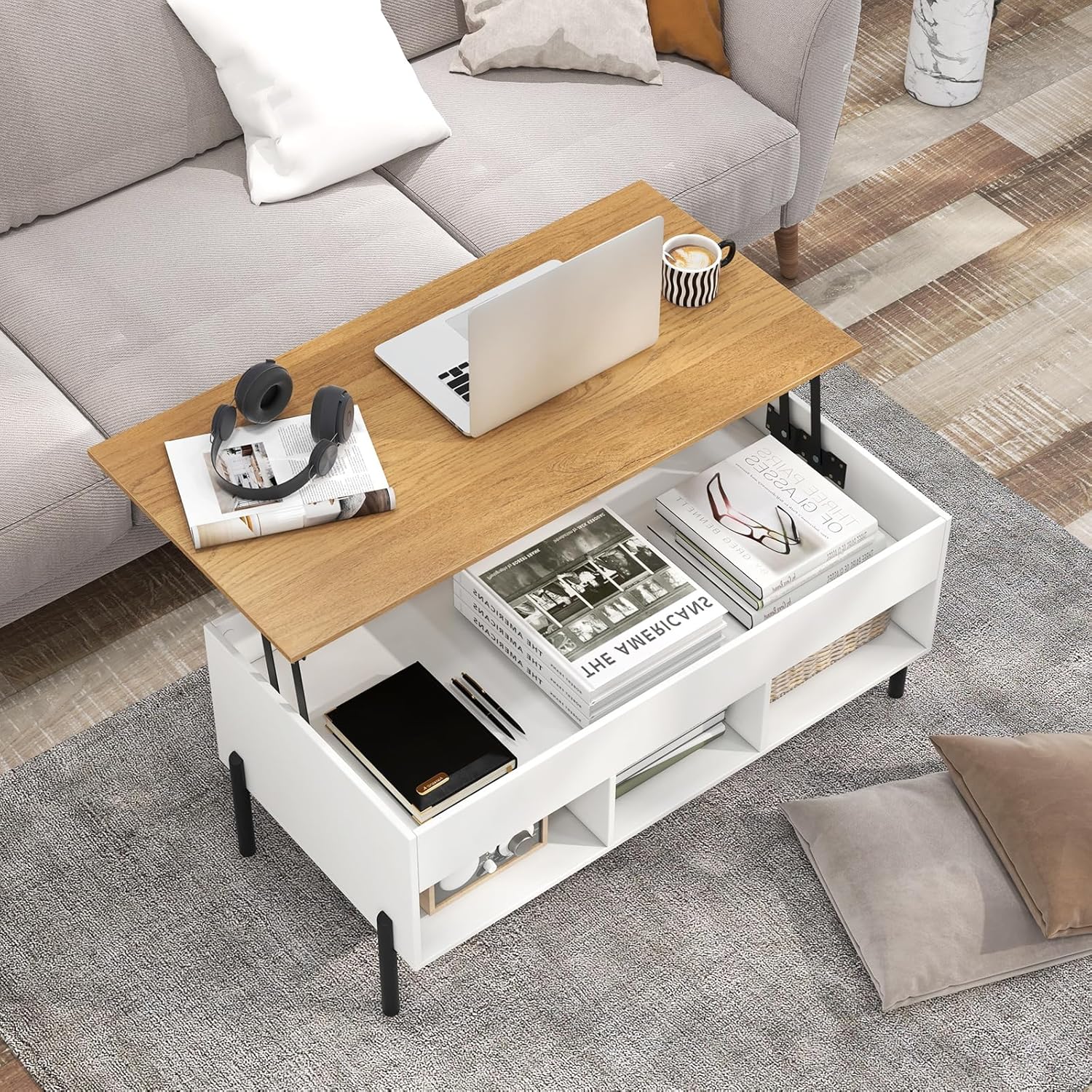 Podnoszony Stolik Kawowy z Schowkiem, Stolik Kawowy do Salonu z Ukrytą Przegrodą, Podnoszony Blat, 3 Otwarte Półki, Biały + Naturalny, 100x50x45 cm