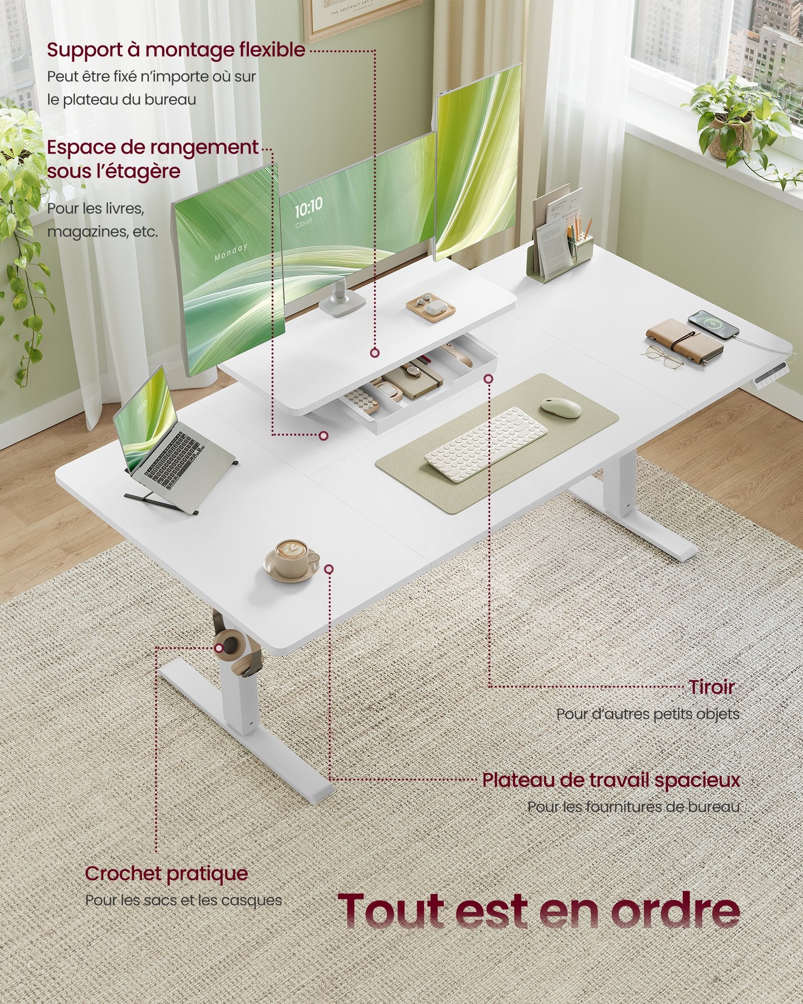Bureau Électrique Réglable en Hauteur, 160 x 80 cm, Support d'Écran à Montage Flexible, Tiroir, Port USB-C, Rappel de Sédentarité, Blanc Nuage - 3