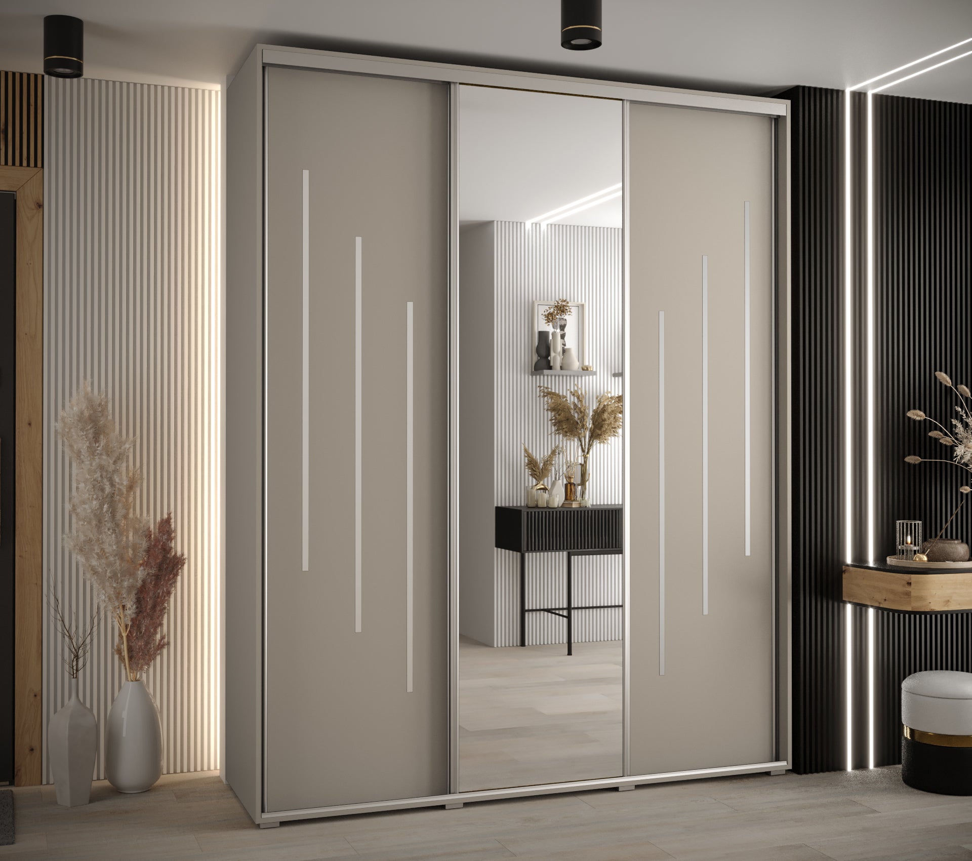 Szafa przesuwna z lustrem wysoka Dakota 9 190 x 60 x 235,2 cm kaszmir + u. Srebrny - Abiks Meble