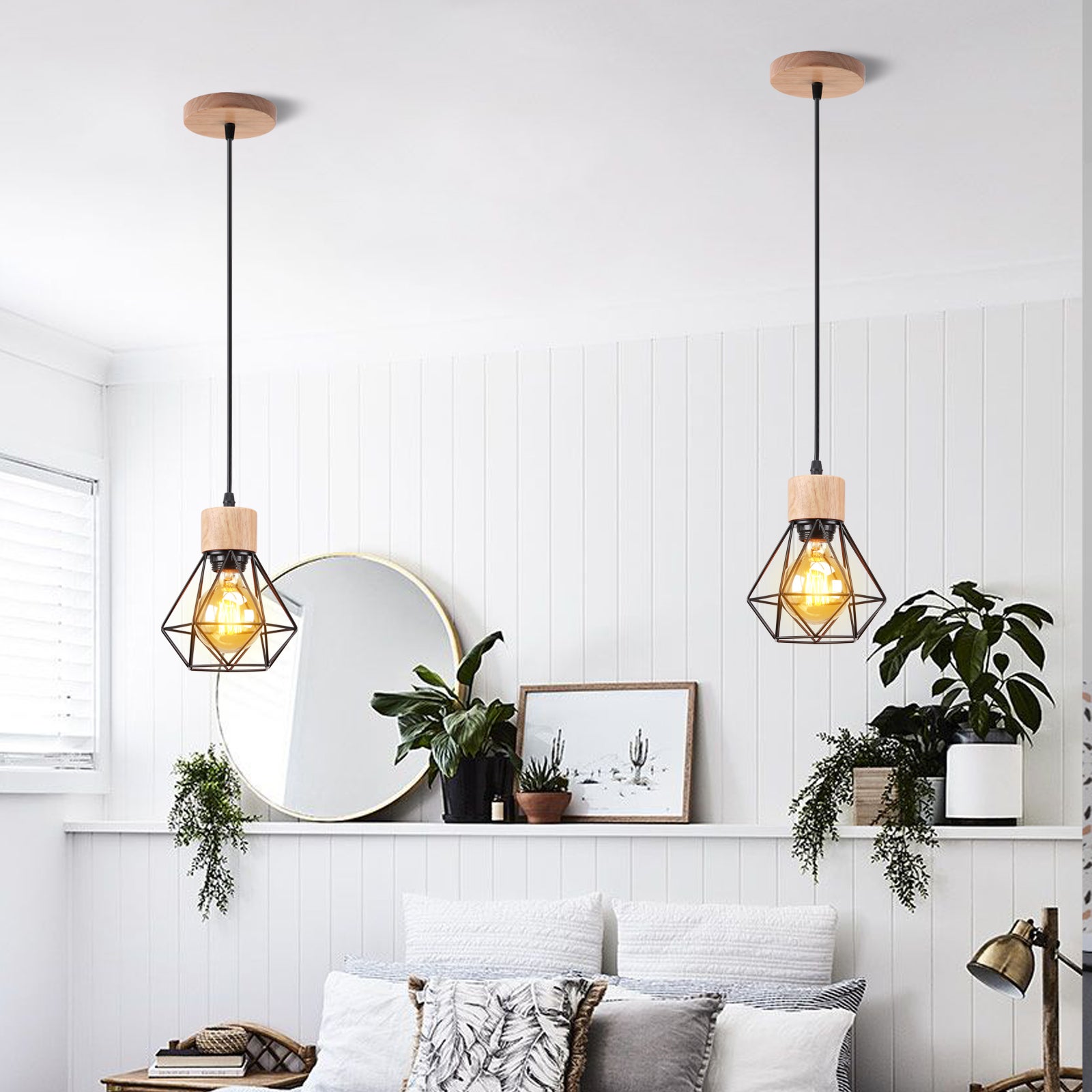 Lustre Suspension Industriel Vintage Interieur, Lampe de Plafond Douille E27 Cage Diamant Rétro pour Salon Chambre Cuisine Restaurant, E27 Noir - 3