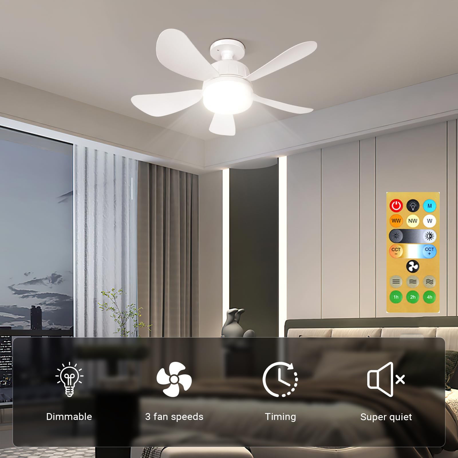 Ventilateur de plafond LED avec télécommande et éclairage | Ventilateur de chambre 23 W | 3 vitesses, 3 modes d'éclairage | Culot E27 |85-265 V - 3