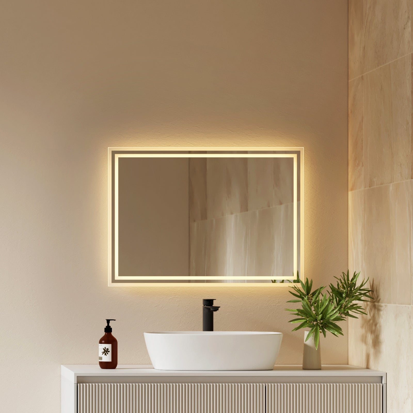 EMKE Lustro łazienkowe z oświetleniem LED 70x50cm, z ciepłym białym światłem, funkcja pamięci, IP44, Włącznik ścienny (brak w zestawie)