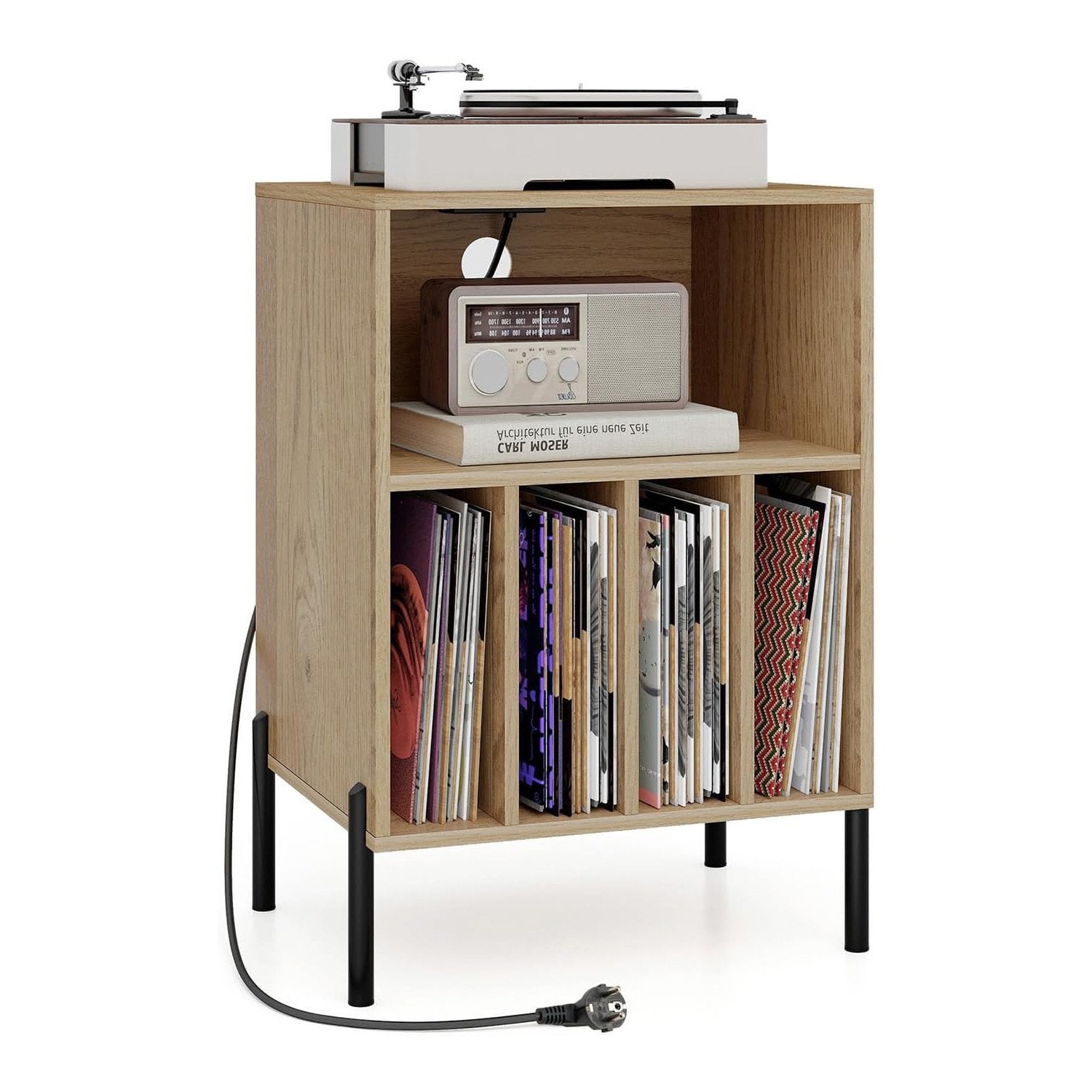 Mebel na Płyty Winylowe ze Stacją Ładującą, 53 x 45 x 78,5 cm, 2 Gniazda, 2 Porty USB i 1 Port Typu C, Uchwyt na Gramofon z 5 Przegrodami, Anti-Tilt